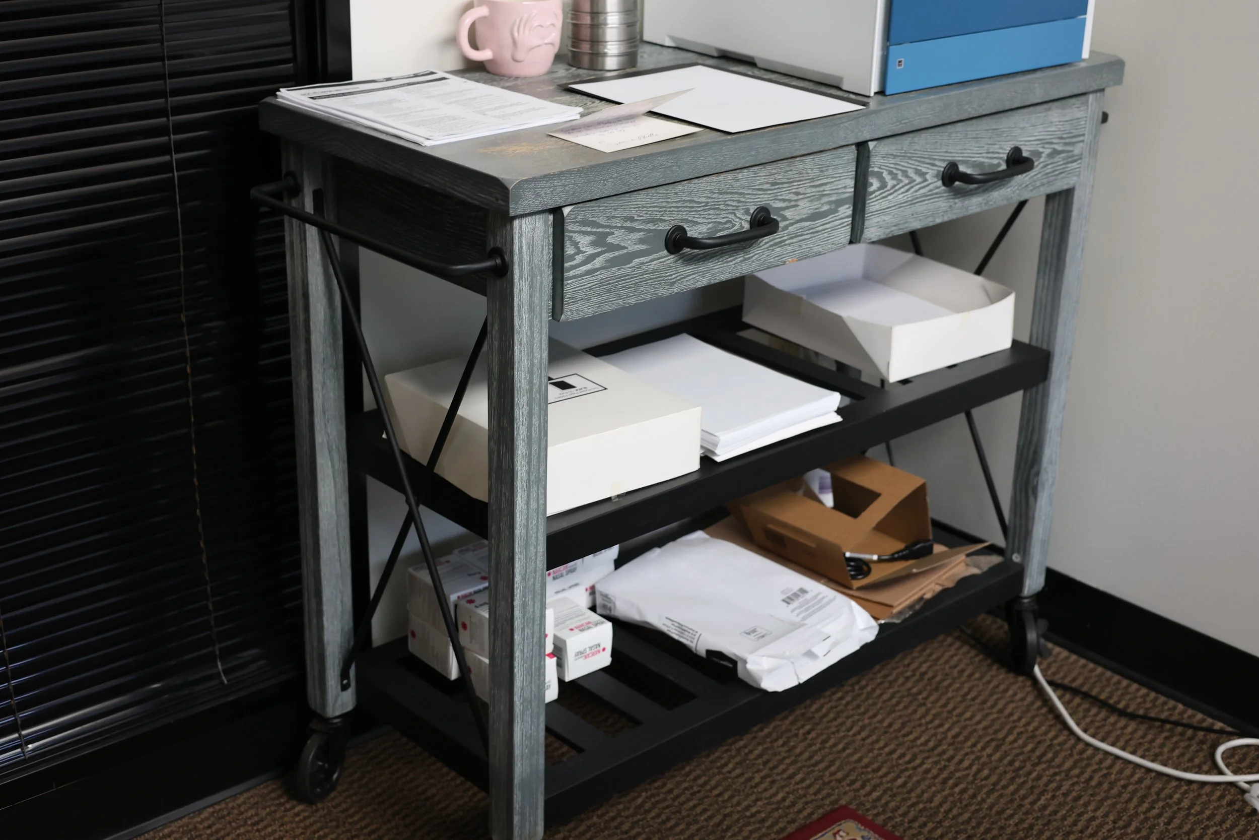 Grey Rolling Kitchen Island with 2 Drawers