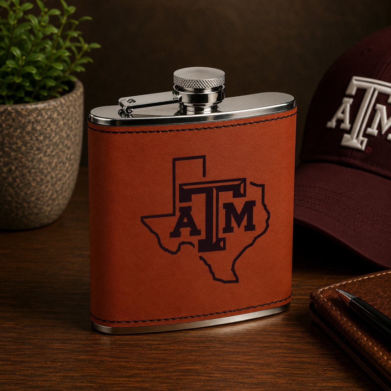 A&M 6 oz Laserable Leatherette Flask