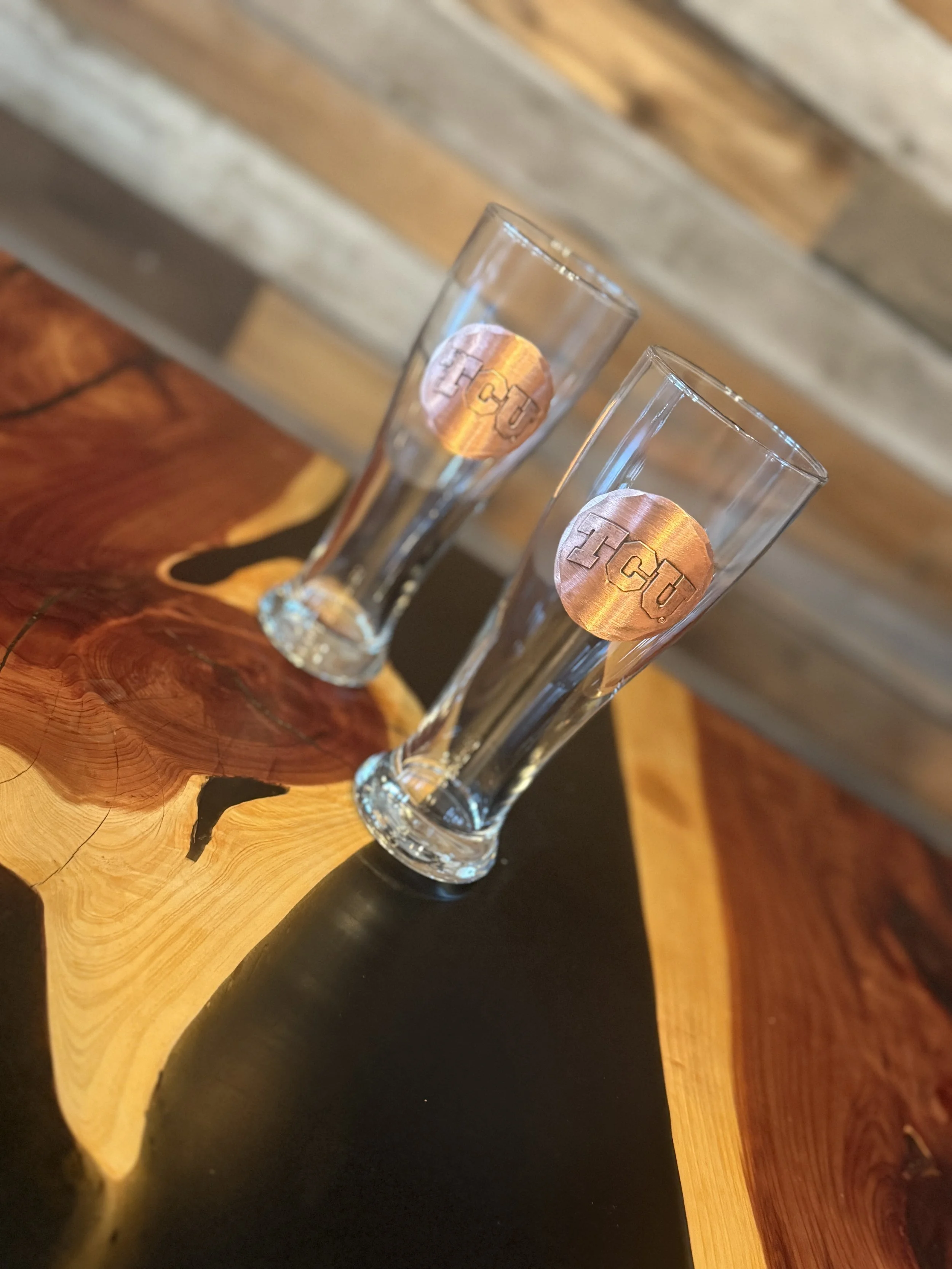 2 Piece Pilsner Set with Custom TCU Hand Forged Metal Medallions