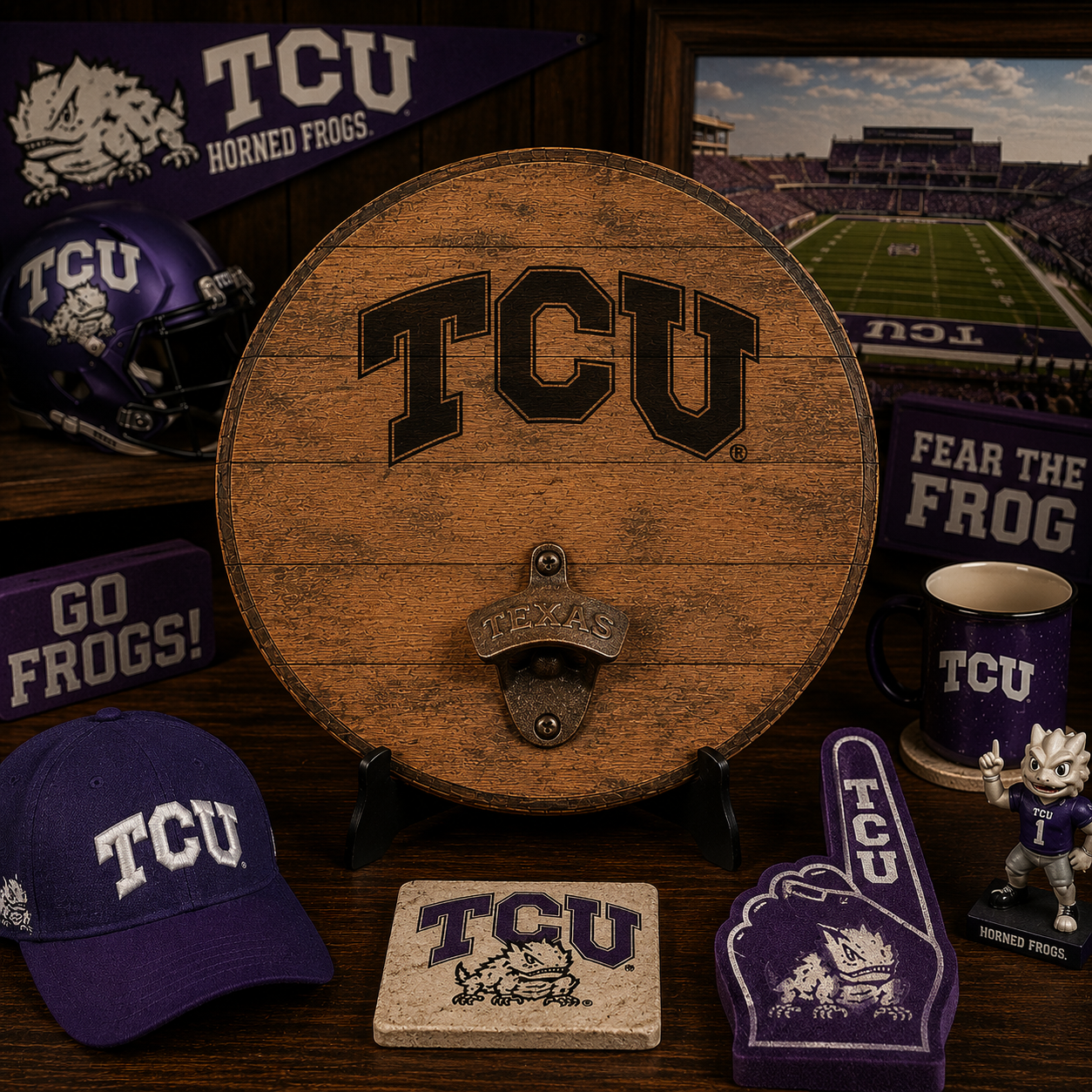 TCU Whiskey Barrel Head with optional Bottle Opener