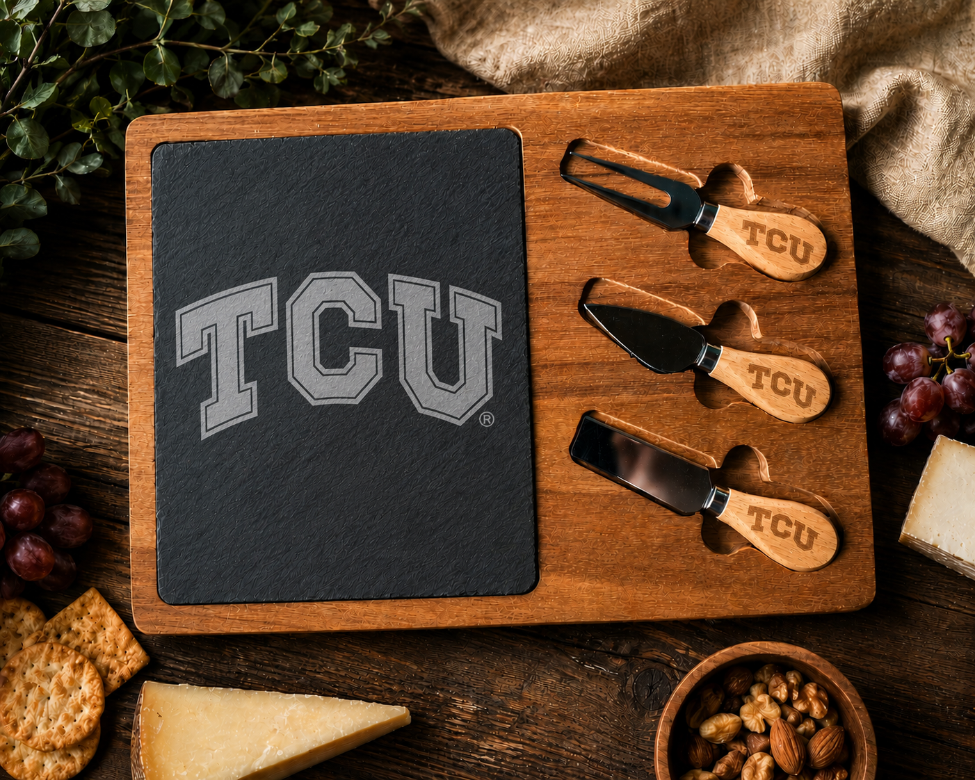 TCU 13 3/4" x 9 3/4" Acacia Wood/Slate Rectangle Cheese Set with Three Tools