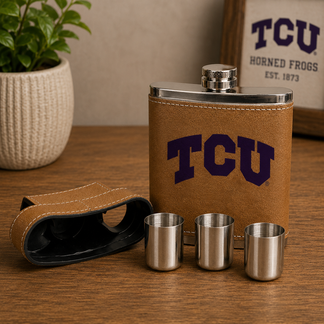 TCU 7 oz Faux Leather Flask with Lid and 3 Shot Glasses