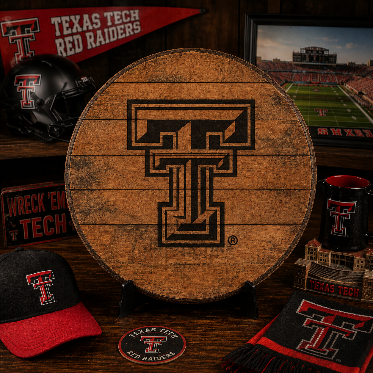 Texas Tech Whiskey Barrel Head with optional Bottle Opener