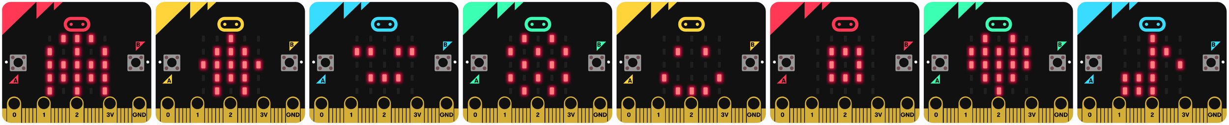 Series of nine micro:bit displays showing different patterns of bright dots, with each display having a black background and colorful borders.