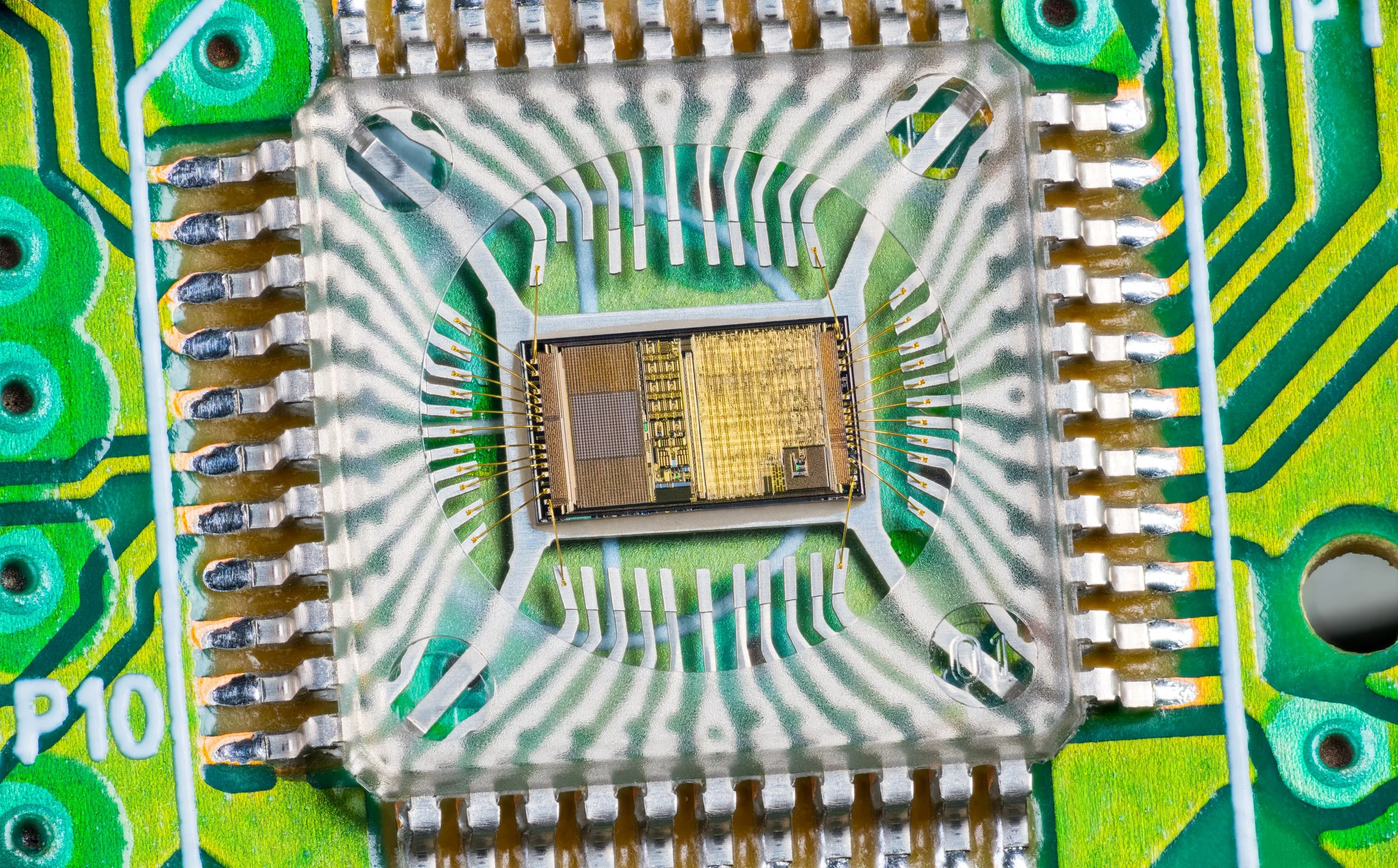 Integrated circuit on a die inside a clear plastic microchip package.