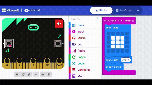 micro:bit simulator demonstrating the described code