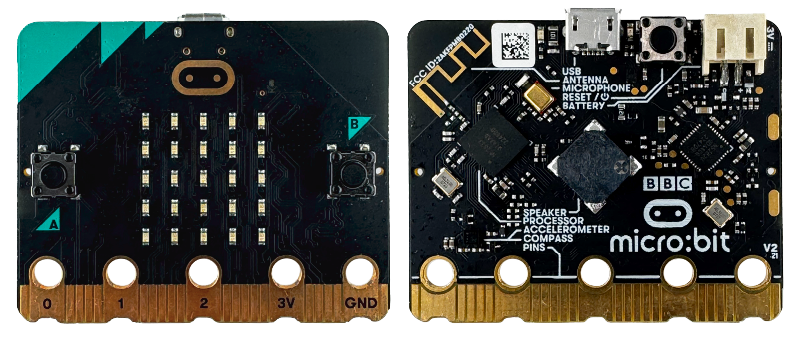 Two views of the micro:bit. First shows the front side, with the LED matrix and buttons. Next is the back of the micro:bit, showing the processor, sensors, and other important components.
