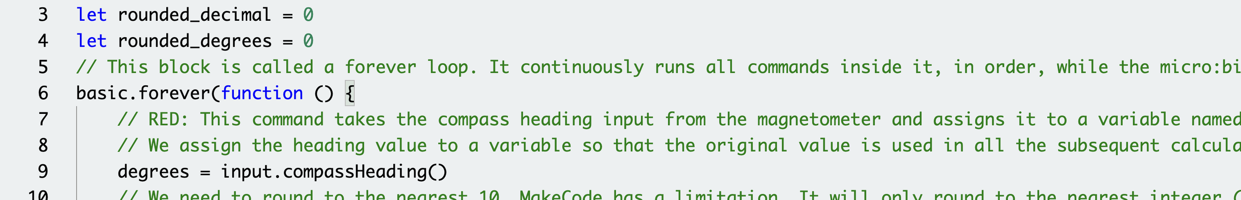 Decorative banner showing a sampling of commented MakeCode in JavaScript