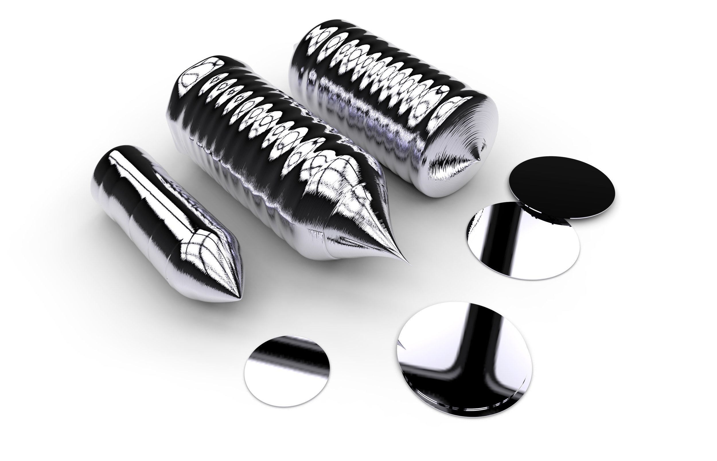 Three silicon ingots, each with an example wafer.