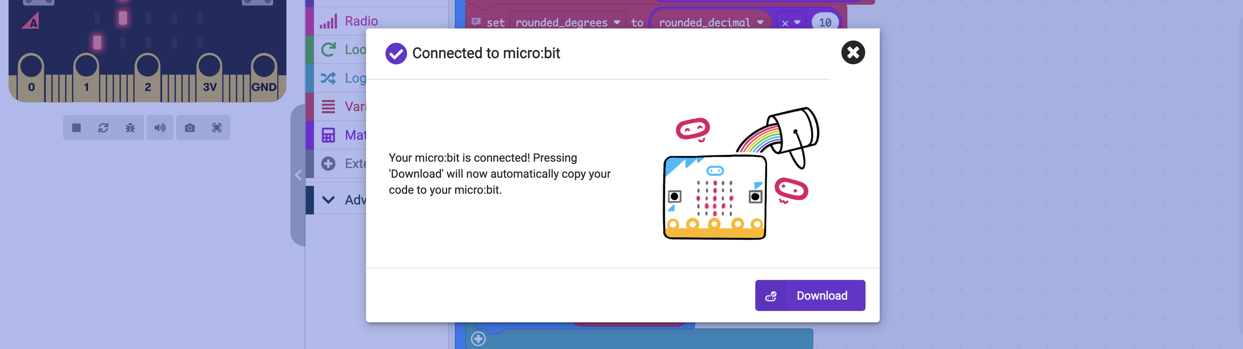 Decorative banner showing a snippet of the MakeCode to microbit transfer window