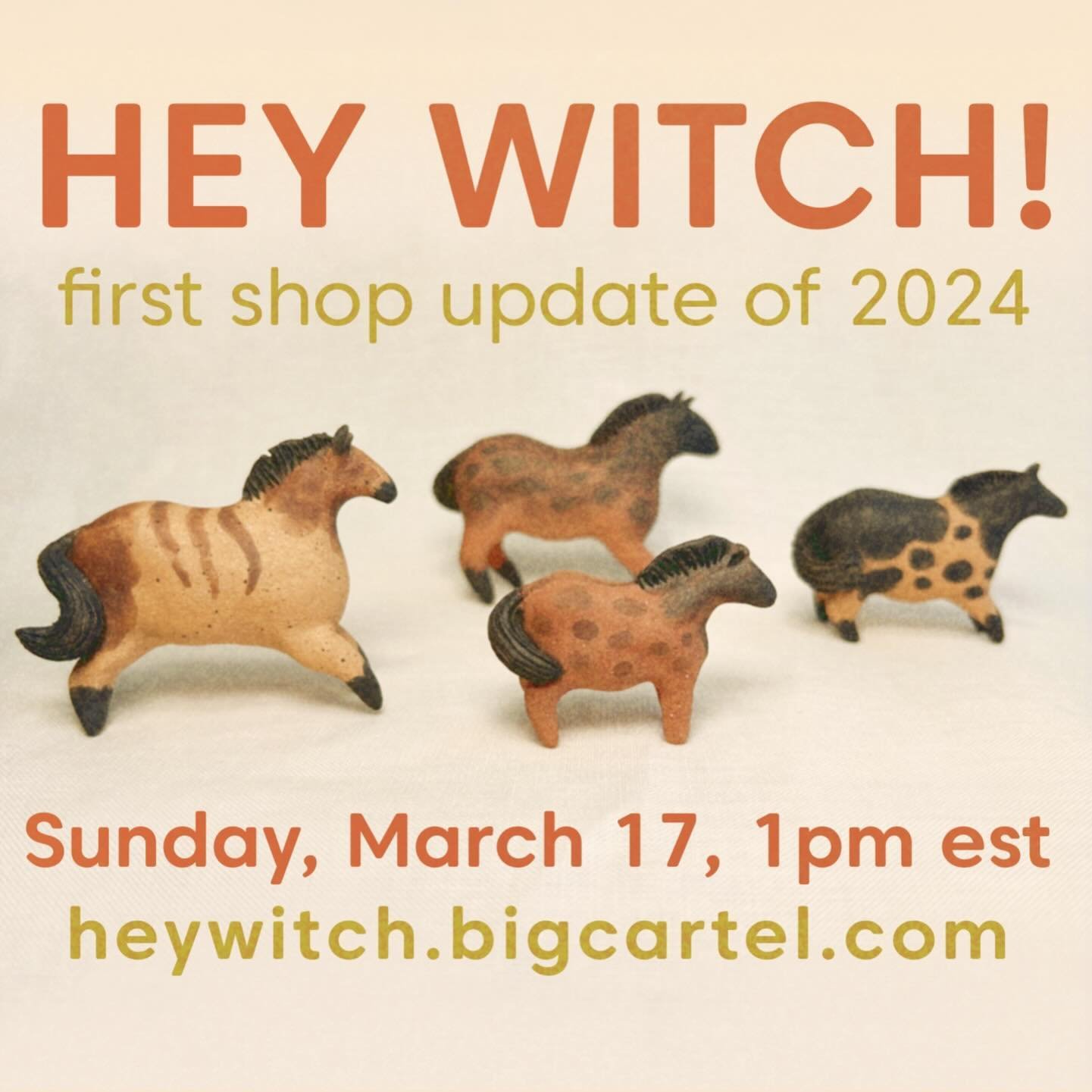 A wee reminder that my first shop update of 2024 is fast approaching! Everything goes live this Sunday, March 17th at 1pm est &mdash; see 🔗 in my profile or go to heywitch.bigcartel.com for a preview of all the creatures &amp; vessels for sale this 