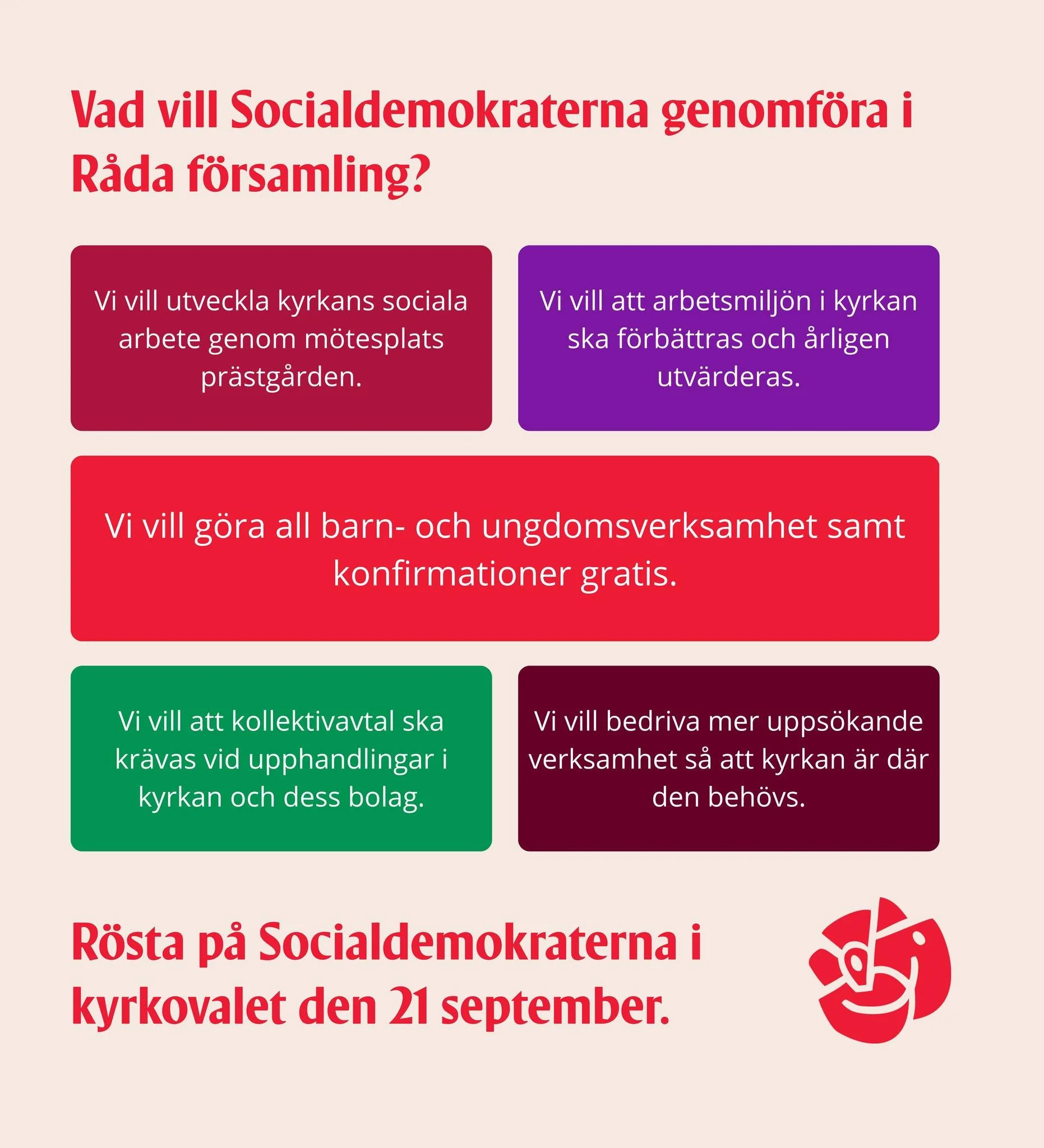 R&ouml;sta p&aring; Socialdemokraterna i kyrkovalet den 21 september.
L&auml;s mer:  https://www.socialdemokraternaiharryda.se/kyrkovalet-2025
Hur du r&ouml;star: https://www.svenskakyrkan.se/kyrkoval/sa-rostar-du