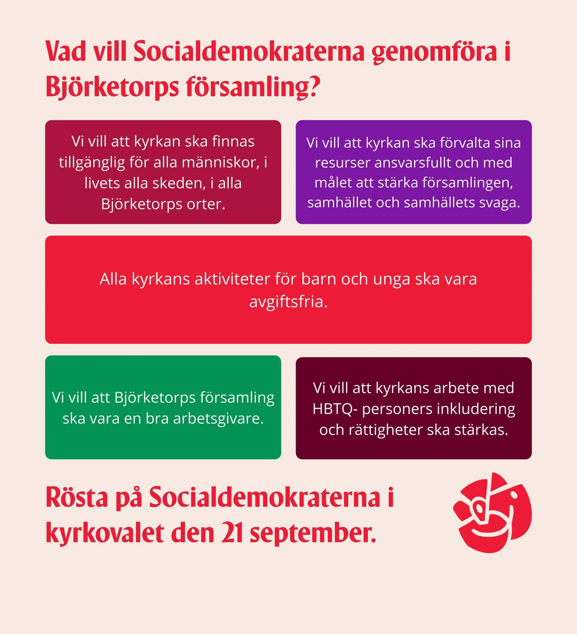 R&ouml;sta p&aring; Socialdemokraterna i kyrkovalet den 21 september.
L&auml;s mer:  https://www.socialdemokraternaiharryda.se/kyrkovalet-2025
Hur du r&ouml;star: https://www.svenskakyrkan.se/kyrkoval/sa-rostar-du