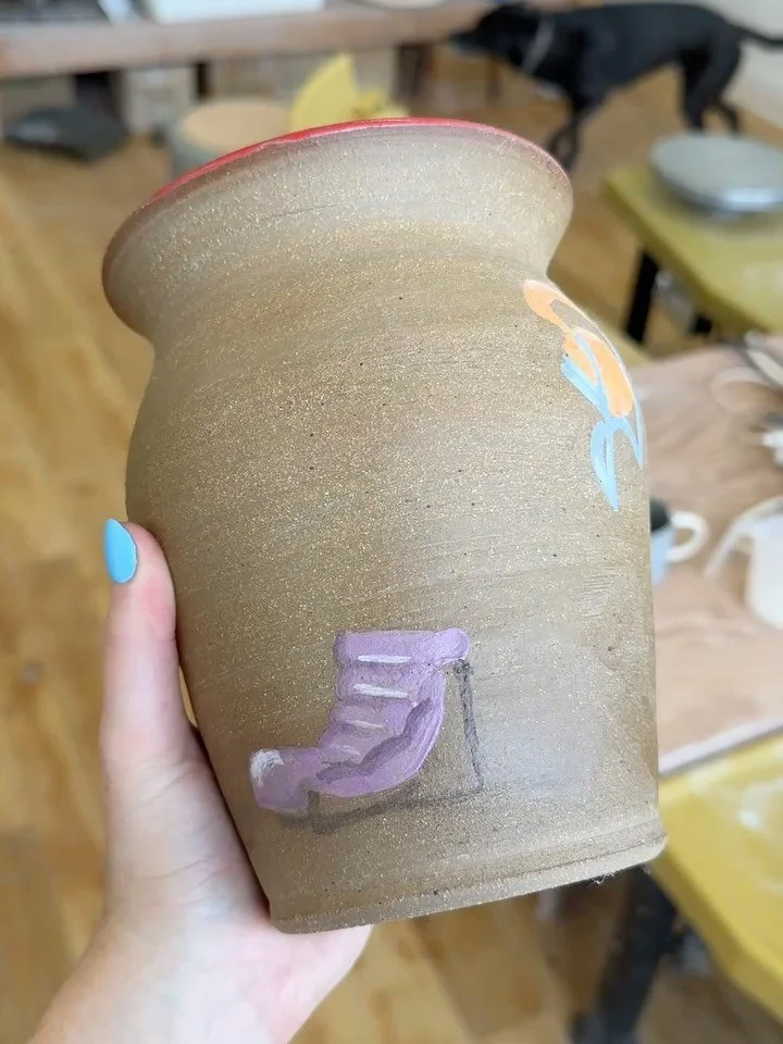 One of my favorites 🤩 if you know me, you know I&rsquo;m obsessed with chairs. I literally have one tattooed on my arm 🪑

This the largest vase I&rsquo;ve ever thrown and it&rsquo;s decorated with some of my favorite chair designs. Had to keep this