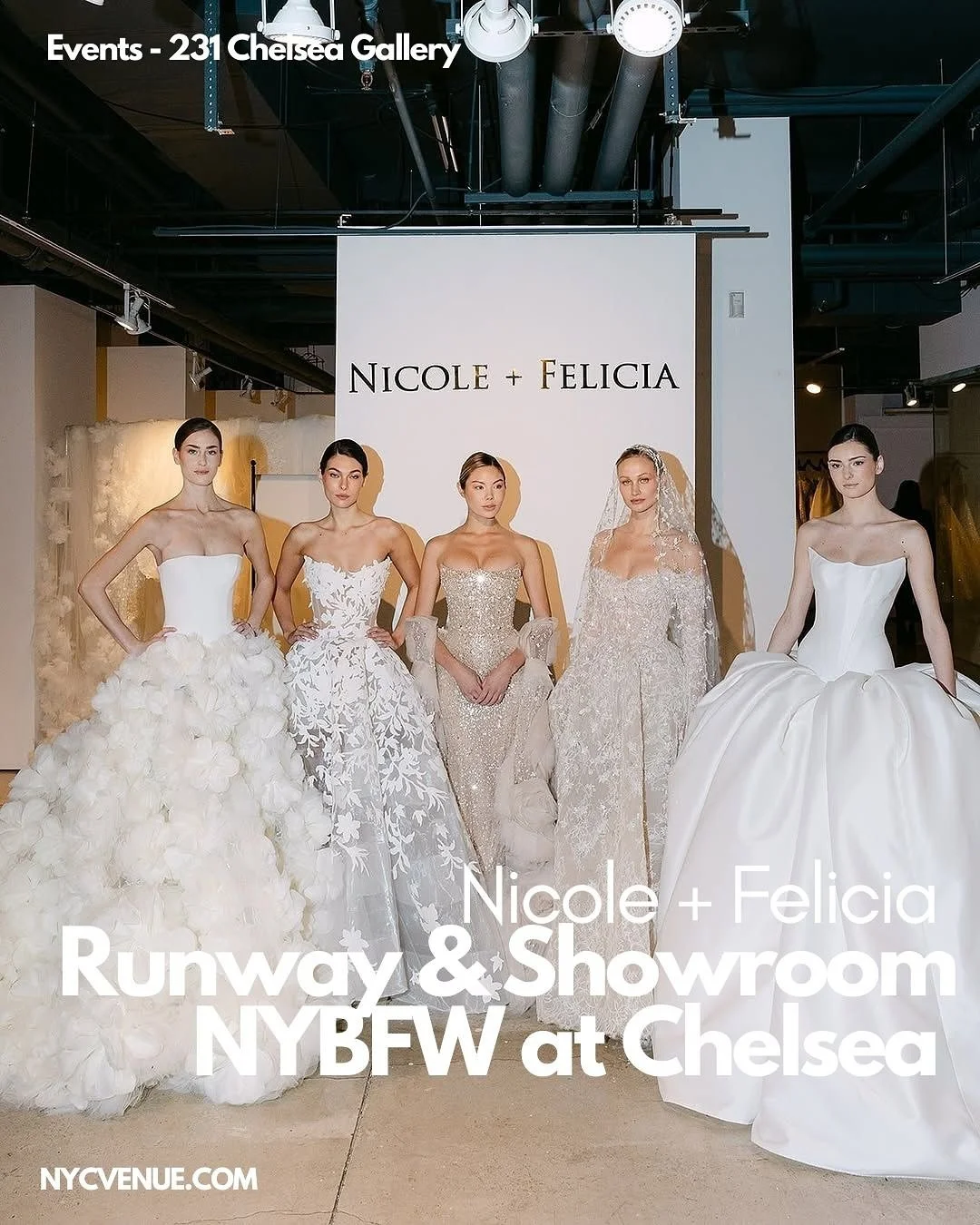 Nicole + Felicia @nicolefeliciacouture at 231 Chelsea Gallery venue.

For NYBFW, the bridal dream unfolded across the showroom and runway in our gallery space &mdash; where sculptural silhouettes met raw, architectural elegance.

Some moments capture