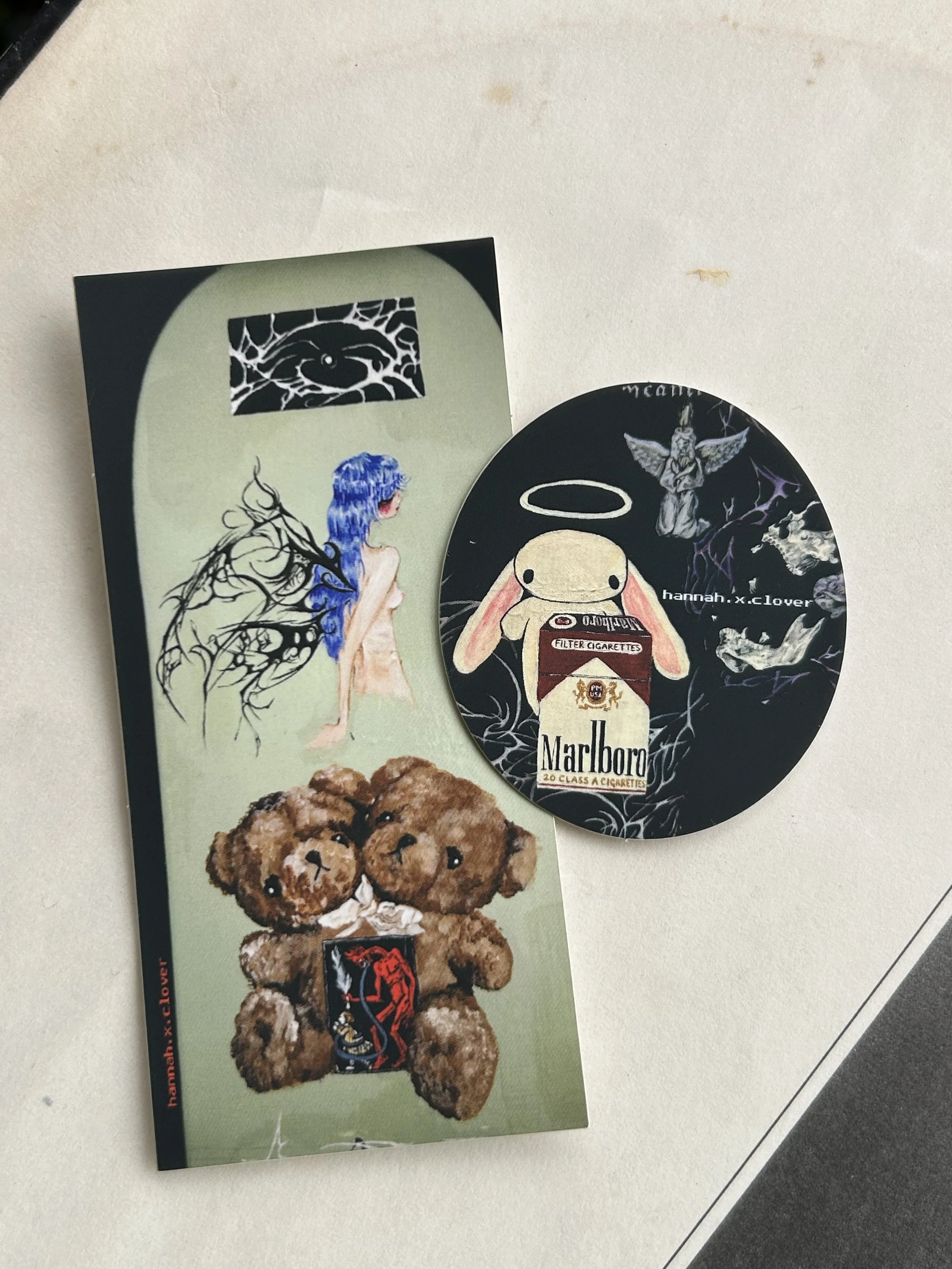 'Live and Burn' art show promotional stickers and prints. 2024.