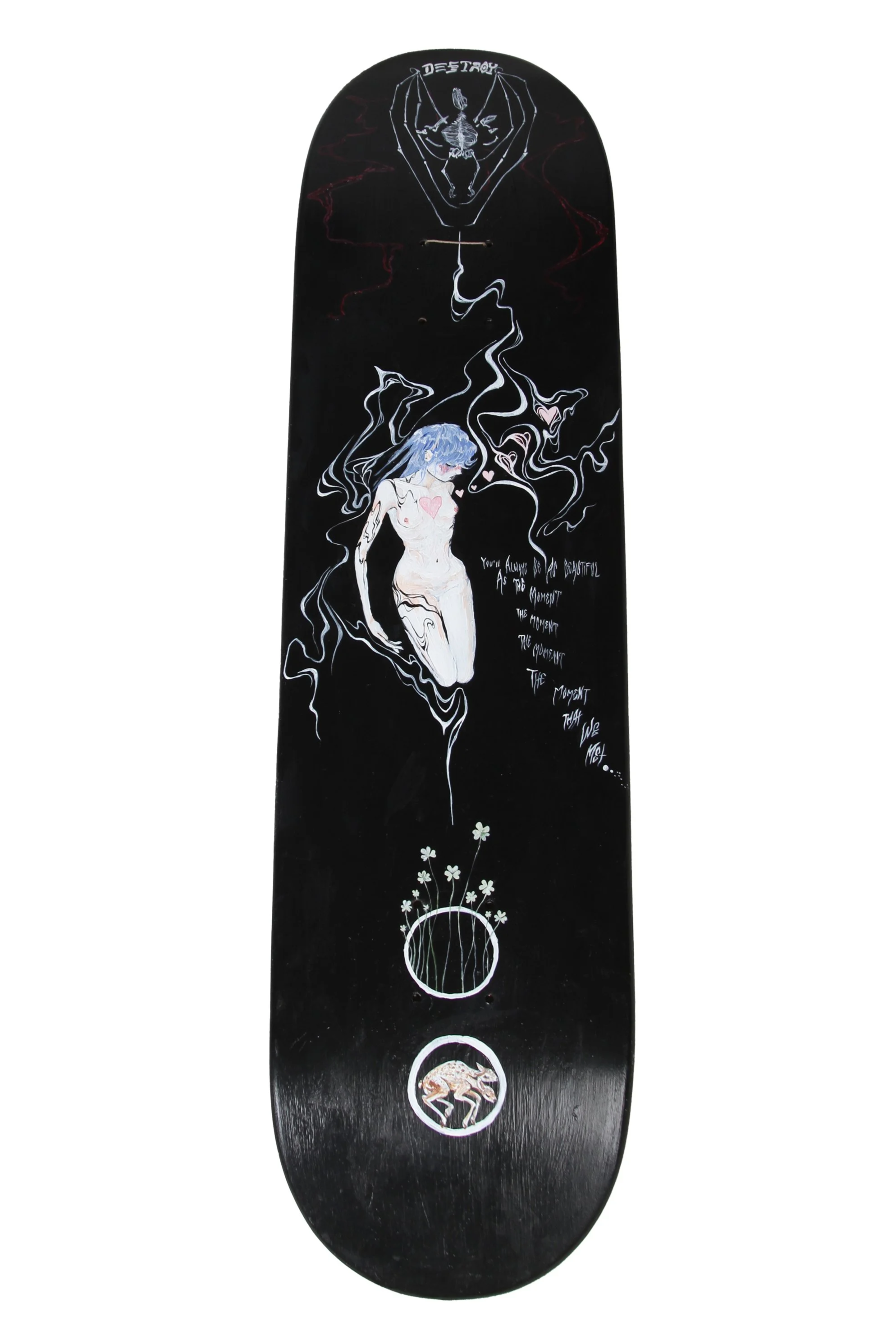 ' black box ' 2024. 8"x28". reclaimed skateboard, acrylic paint.
