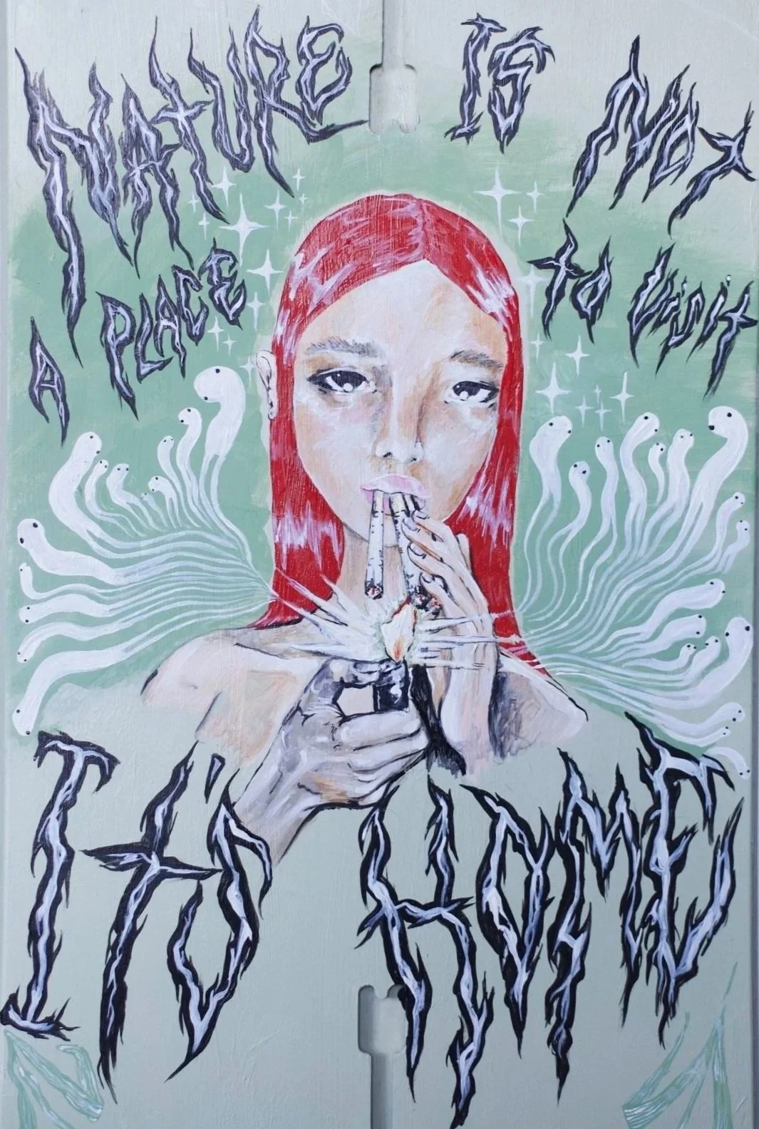 ' nature is not a place to visit, it's home ' 2022.  featured artwork in Protect Our Winters x Outdoor Retailer Touring Group Art Show. 55" x 10". reclaimed snowboard, acrylic paint.