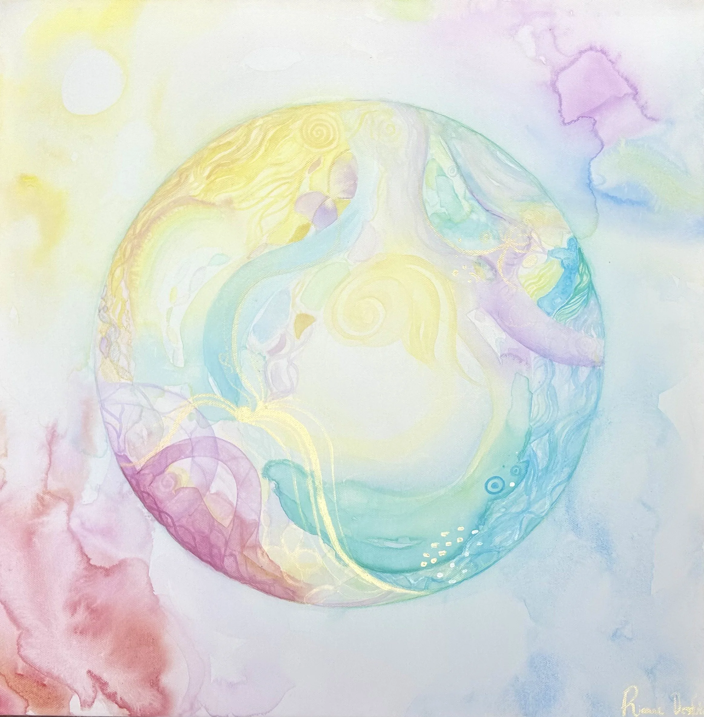 Family Aura Painting (2025)
 a collective aura reading for a family of 4. Each individual aura on the corners comes together to create its own ecosystem of water, light, and color. 