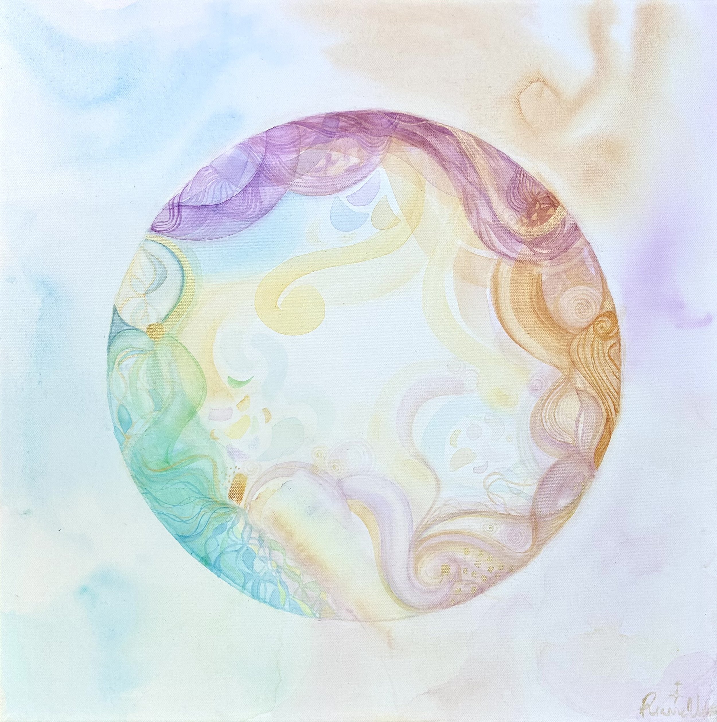 "Family Aura Painting" a collective aura reading for a family of 3. Each individual aura on the corners comes together to create its own ecosystem of water, light, and color. Inquire to commission relationship paintings- families, lovers, pets, creat