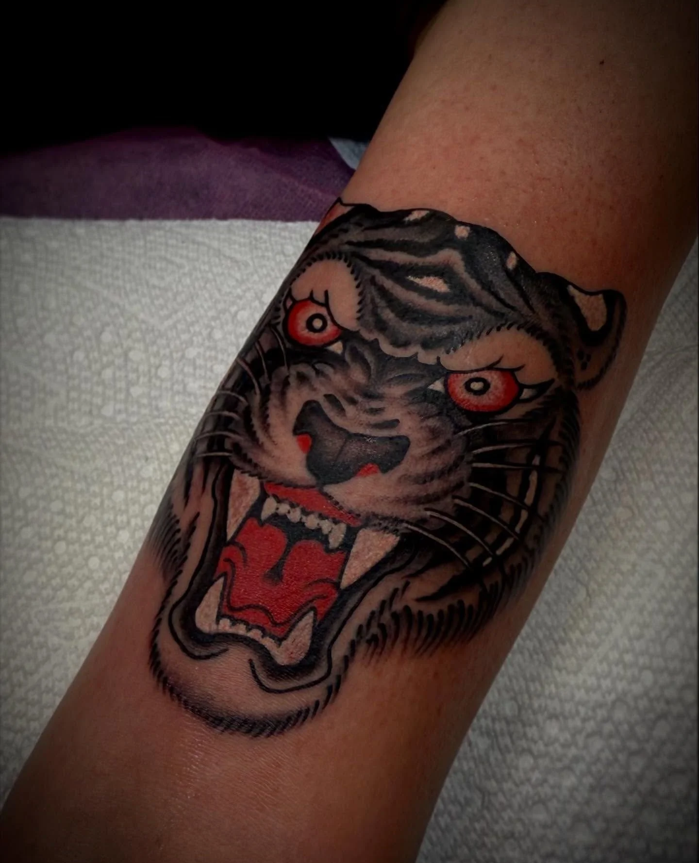 Repost from @jacobyoungtattoo at our #elmstreettattoo shop in #deepellum.  Tiger! Visit The Link in his Bio for bookings!⁠
#tigertattoo #tiger #americantraditional #traditionaltattoo #dallastattooer