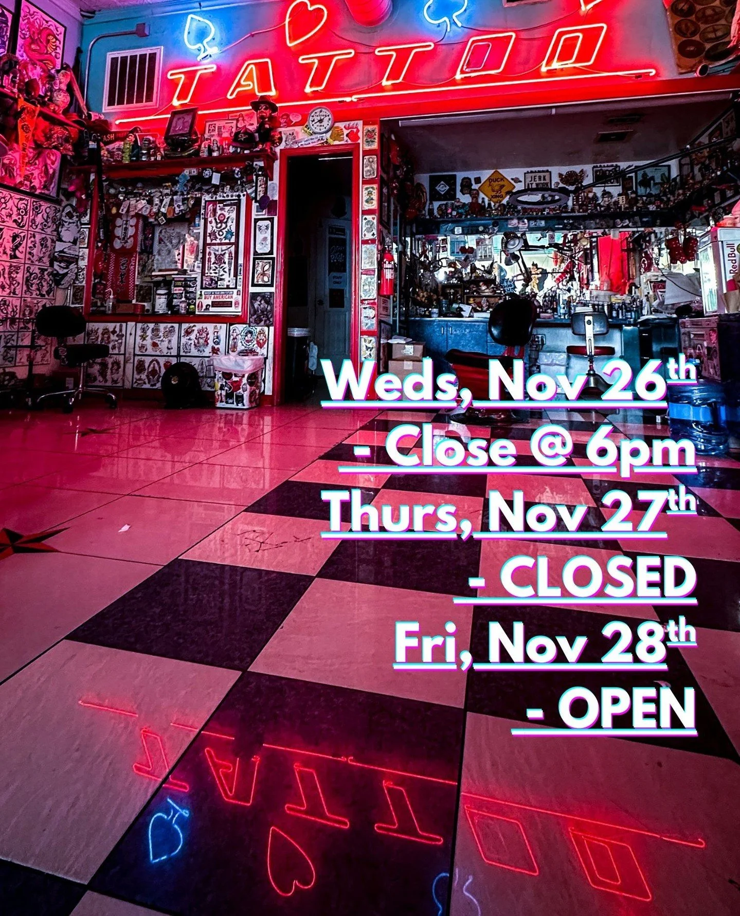 2025 Holiday Hours for all of our shops⁠
#elmstreettattoo @heartinhand_lg @heartinhand_est⁠
Wednesday, November 26th - Close @ 6pm⁠
Thursday, November 27th - CLOSED⁠
Friday, November 28th - OPEN regular hours⁠
Wednesday, December 17th - Close @ 6pm (