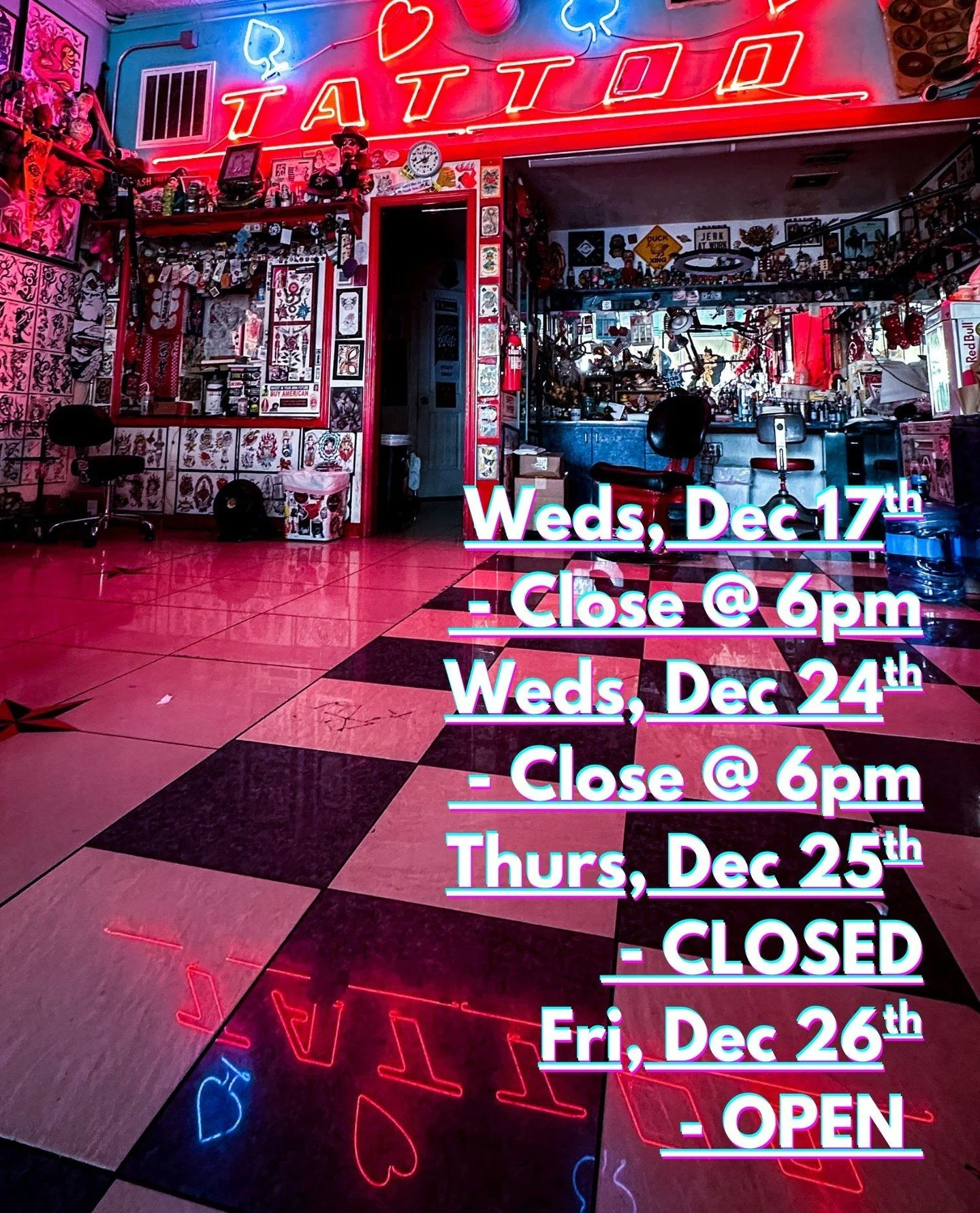 2025 Holiday Hours for all of our shops⁠
#elmstreettattoo @heartinhand_lg @heartinhand_est⁠
Wednesday, December 17th - Close @ 6pm (Holiday Charity Party)⁠
Wednesday, December 24th - Close @ 6pm⁠
Thursday, December 25th - CLOSED⁠
Friday, December 26t