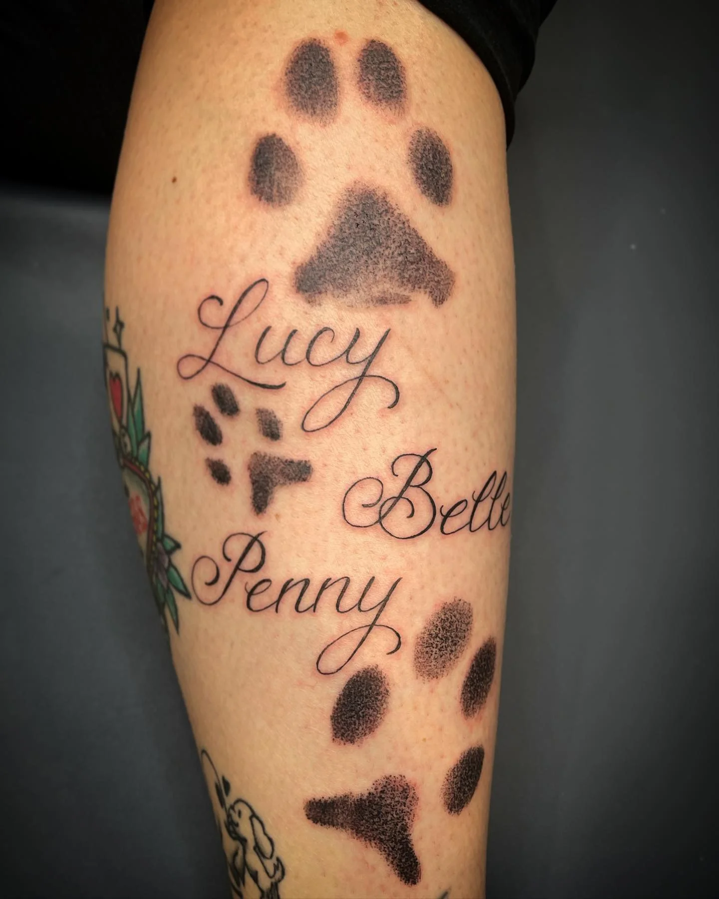 Done by @jonezyzaps - Ian works at our private studio @heartinhand_est in #deepellum #dallastexas #elmstreettattoo⁠
⁠
Contact: ianjonestatoos.com⁠
⁠
Paws prints and script. You can never go wrong. ⁠
⁠
#ianjonestattoos #dogpaws #pawprinttattoo #pawpri