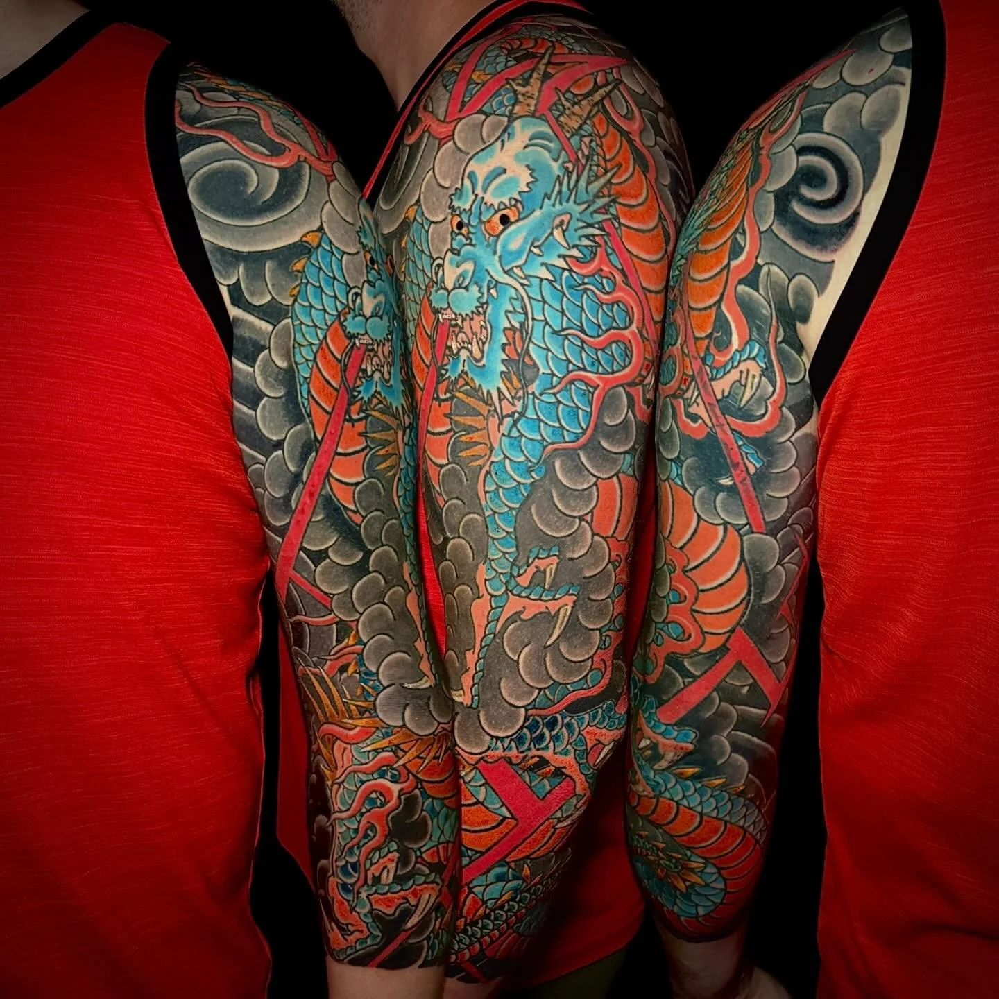 Done by @jebmaykut at #HeartInHandGallery #DeepEllum #DallasTexas⁠
⁠
Contact: jebmaykut@gmail.com for appointments.⁠
⁠
Zach's 3/4 sleeve dragon is finally complete. I'm grateful for clients like Zach who trust the process, making every appointment sm