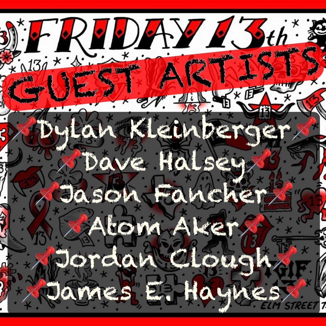 We are very excited to announce our guest artist line-up for the upcoming #FridayThe13th event in February!⁠
⬇️⁠
@dylanktattoo ⁠
@davehalseytattoos⁠
@tattoosbyatom ⁠
@jfancher ⁠
@big____q ⁠
@Jimehaynes⁠
⬆️⁠
⁠
Secure your spot today, go to www.elmstre