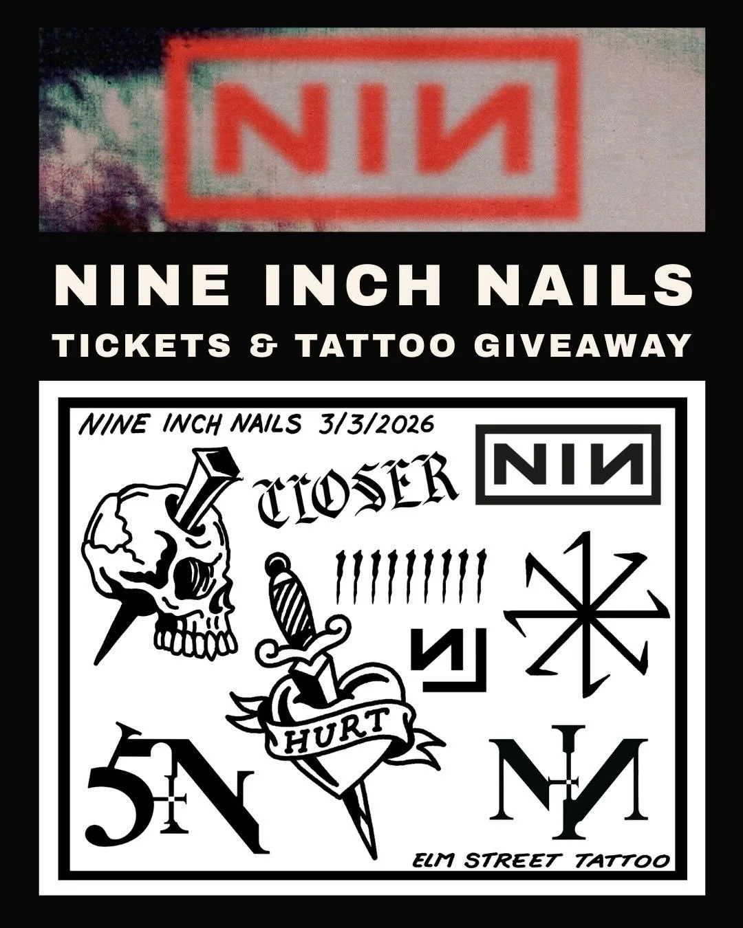 🔥 GIVEAWAY TIME &mdash; 2 NINE INCH NAILS TICKETS + 1 FREE TATTOO 🔥

We&rsquo;re giving ONE winner the full NIN night:
🎟️ 2 tickets to @nineinchnails in Dallas at @aacenter (March 3, 2026)
🖤 PLUS a FREE tattoo from our brand-new NIN flash sheet a