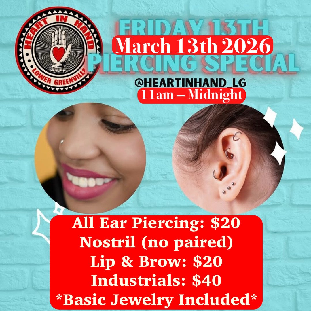 The 13th Piercing Special!⁠
📌ONLY AVAILABLE AT @heartinhand_lg LOCATION📌 ⁠
📌Piercing specials run from 11am to Midnight on 2/13/2026⁠
📌 @jeremiahfuentezpiercing 11am - 6pm⁠
📌 @caseydelaypiercing 6pm - 11:59pm⁠
⁠
Contact one of our piercers for m