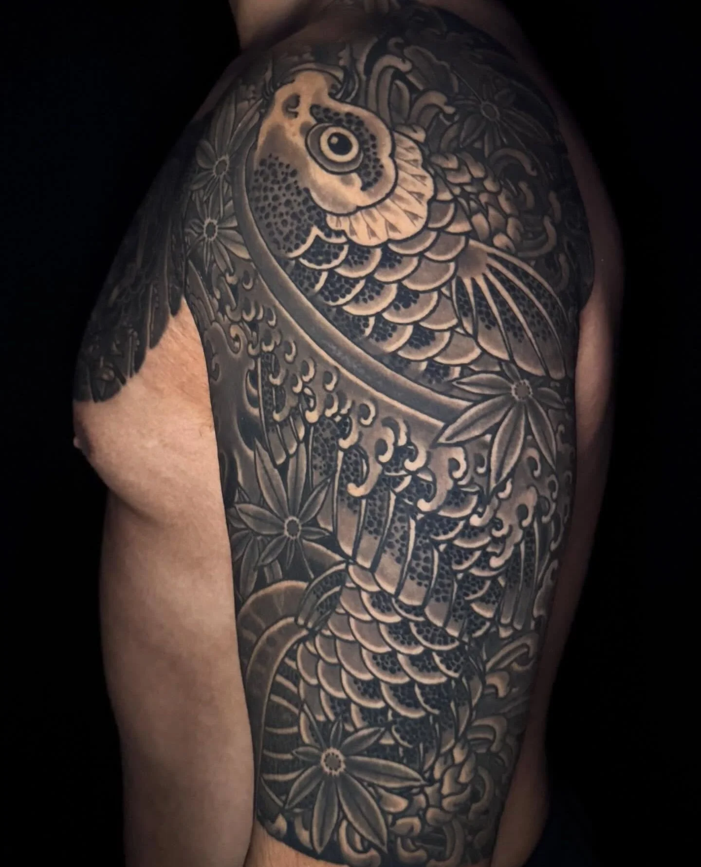 Done by @jebmaykut at #HeartInHandGallery #DeepEllum #DallasTexas⁠
⁠
Contact: jebmaykut@gmail.com for appointments.⁠
⁠
Mason&rsquo;s completed and healed koi and namakubi 1/2 sleeve. This is Mason&rsquo;s first tattoo and boy oh boy did he make it se