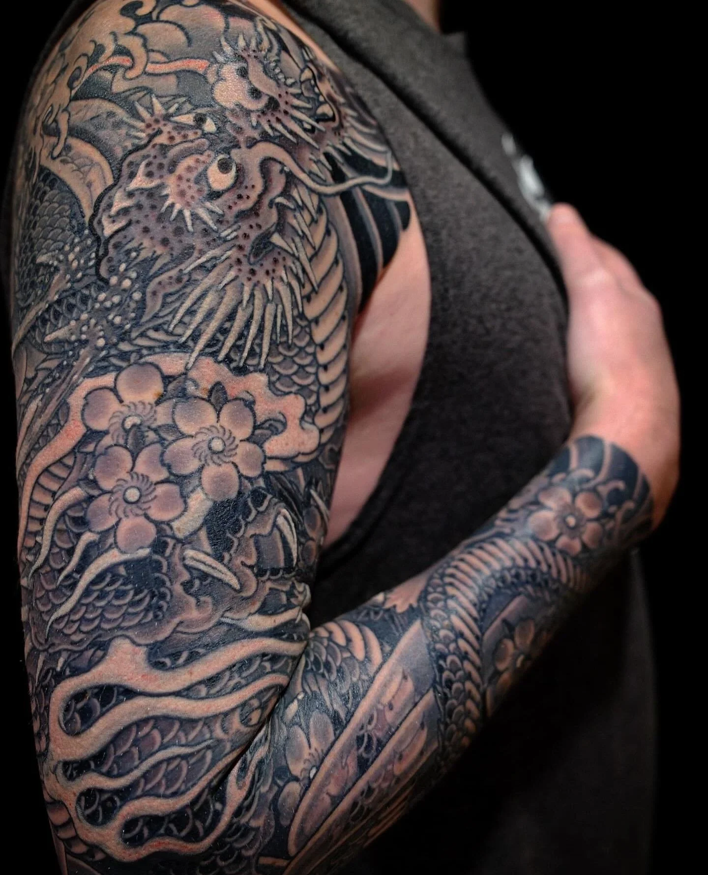 Done by @jebmaykut at #HeartInHandGallery #DeepEllum #DallasTexas⁠
⁠
Contact: jebmaykut@gmail.com for appointments.⁠
⁠
Completed dragon sleeve for Justin. Let&rsquo;s get you tattooed, email jebmaykut@gmail.com to make it happen, specifically with my