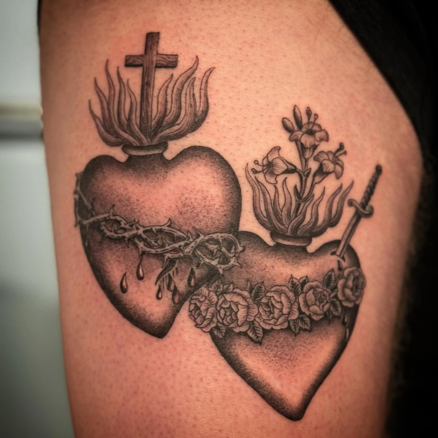 Done by @jonezyzaps at our private studio @heartinhand_est in #DeepEllum #DallasTexas #ElmStreetTattoo⁠
⁠
Contact for booking: ianjonestatoos.com⁠
⁠
Always love these!!! ⁠
⁠
#religioustattoo #heartinhandgallery #blackandgreytattoo