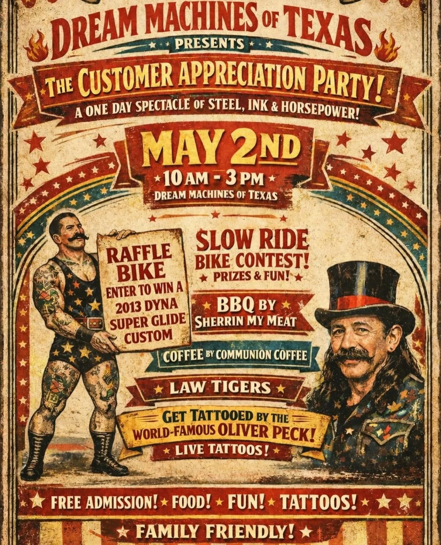 Mark your calendar May 2nd is the second annual Dream Machines Customer Appreciation Party at Dream Machines of Texas 13600 N. Stemmons Frwy. Farmer Branch Texas... Tattoos by Oliver Peck, BBQ by Sherrin My Meat, Law Tigers, coffee by Communion Coffe