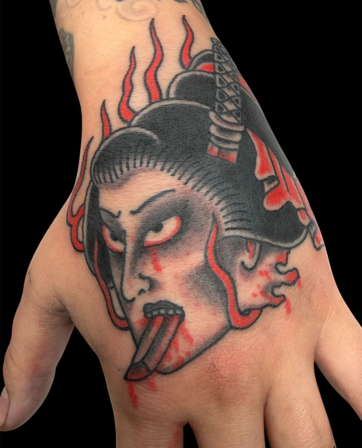 Done by: @rodrigo_canteras at #ElmStreetTattoo #HeartInHandGallery #DallasTexas #DeepEllum⁠
Contact: https://www.canterasirezumi.com/s/appointments for bookings.⁠
⁠
Namakubi for Paige. Link in bio for appointments. Done yesterday @elmstreettattoo ⁠