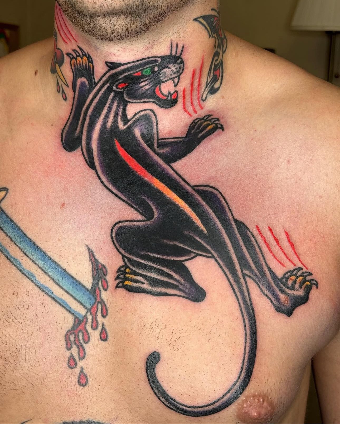 Done by @eyeball.tattoo at #ElmStreetTattoo #DallasTexas #DeepEllum #HeartInHand #LowerGreenville⁠
⁠
Contact: DM @eyeball.tattoo direct for appointments⁠
⁠
Chest to throat panther