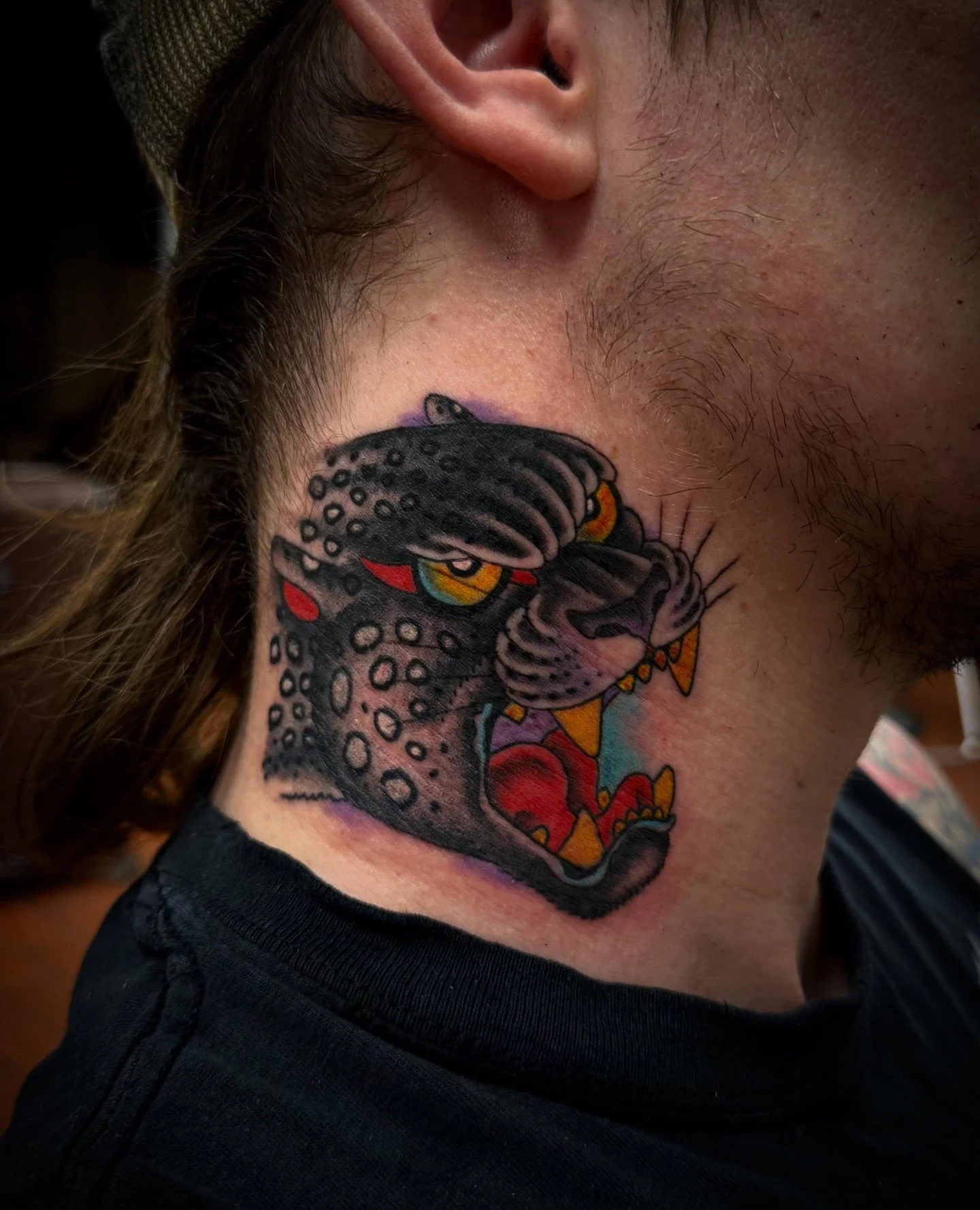 Done by @jacobyoungtattoo at #ElmStreetTattoo #DallasTexas #DeepEllum⁠
⁠
Contact: https://www.jacobyoungtattoo.com/book or DM⁠
⁠
Big cat on the neck. Done @freedominktattoos with love. Back elmstreettattoo Friday. Check the link in bio for appointmen