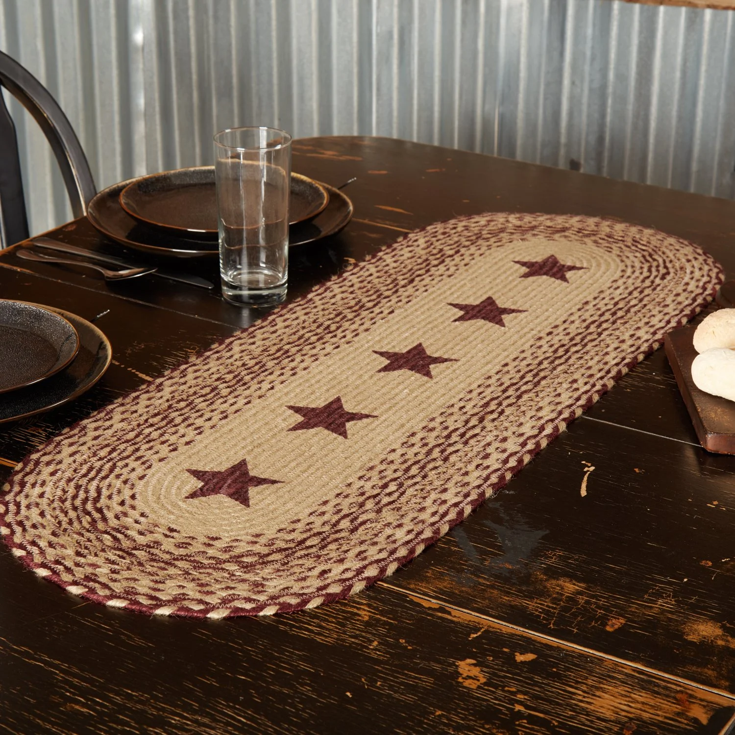 Burgundy and Tan Jute Table Runner with Stencil Stars 13x36