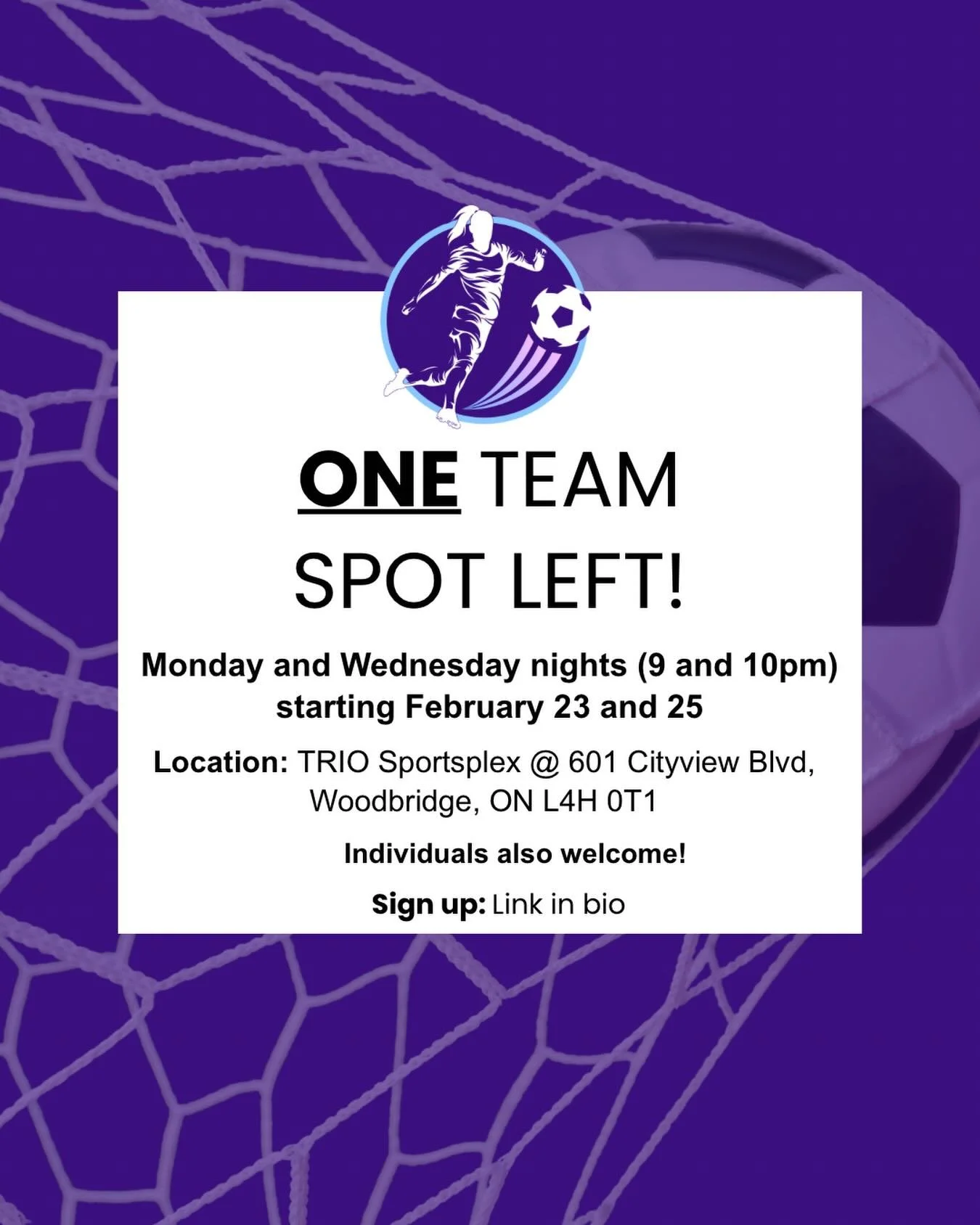 Kick off the new year on a high note by joining us for our second winter session starting February 23 and 25 at Trio Sportsplex Vaughan! 

To sign up, click the registration link in our bio and fill out the registration form on our website. For any i