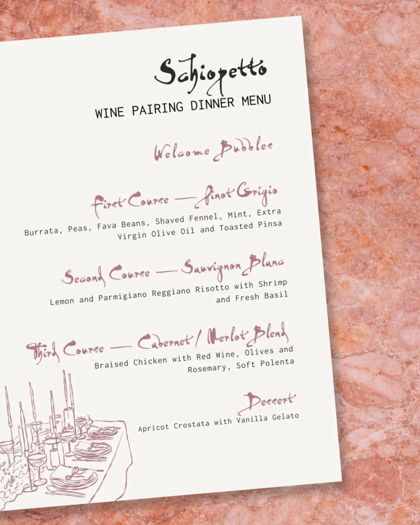 This is what&rsquo;s on the table April 28.

Four courses. Four pours. Schiopetto wines from Friuli alongside a spring menu made for each sip.

Burrata with peas, fennel + mint. Shrimp risotto. Red wine + rosemary braised chicken. Apricot crostata to