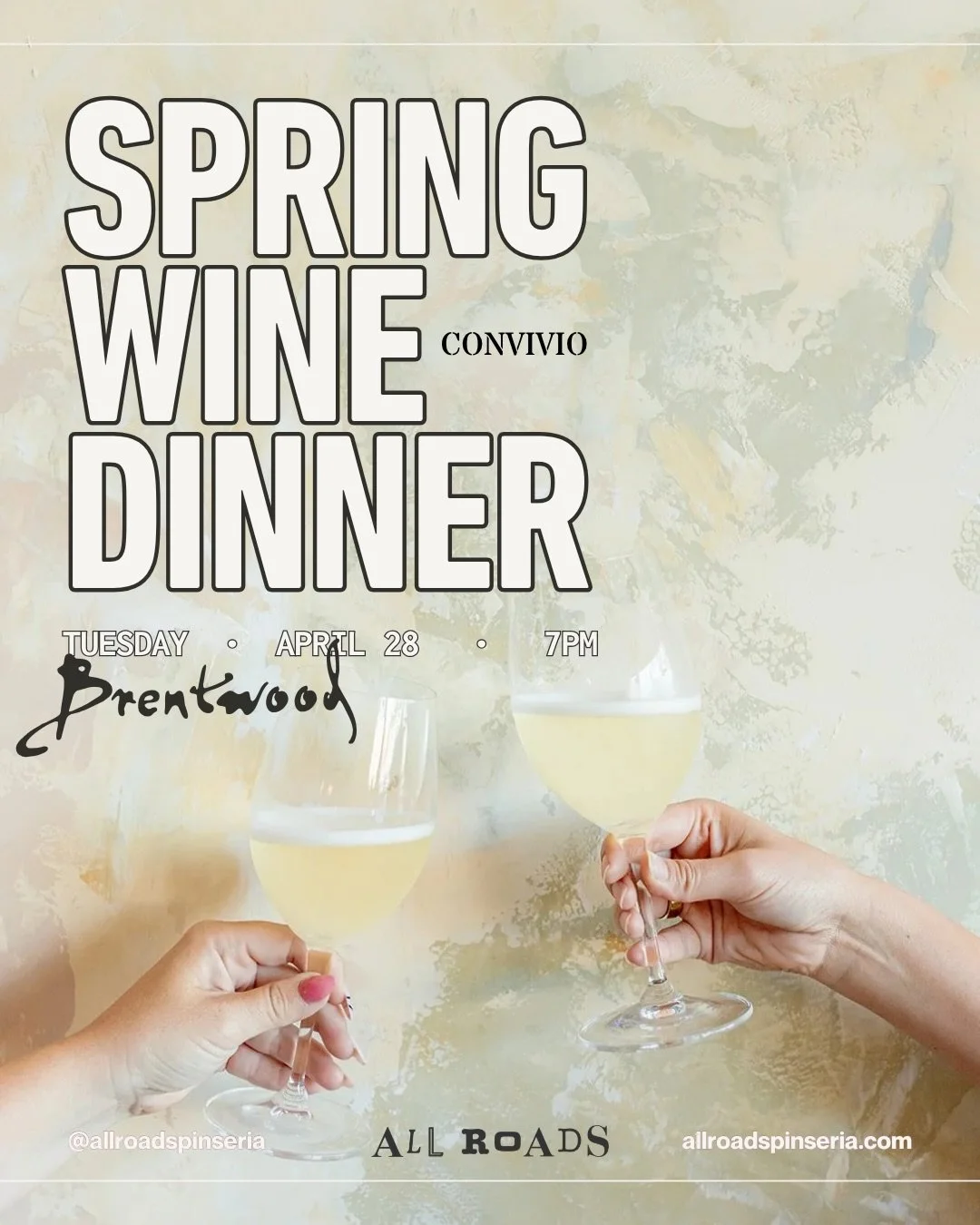 The Romans knew how to welcome spring. And we&rsquo;ve been taking notes.

Tuesday, April 28. 7PM. A long table, four courses, bottles to share.

Convivio is All Roads&rsquo; monthly prix fixe supper &mdash; this month featuring the wines of @mariosc