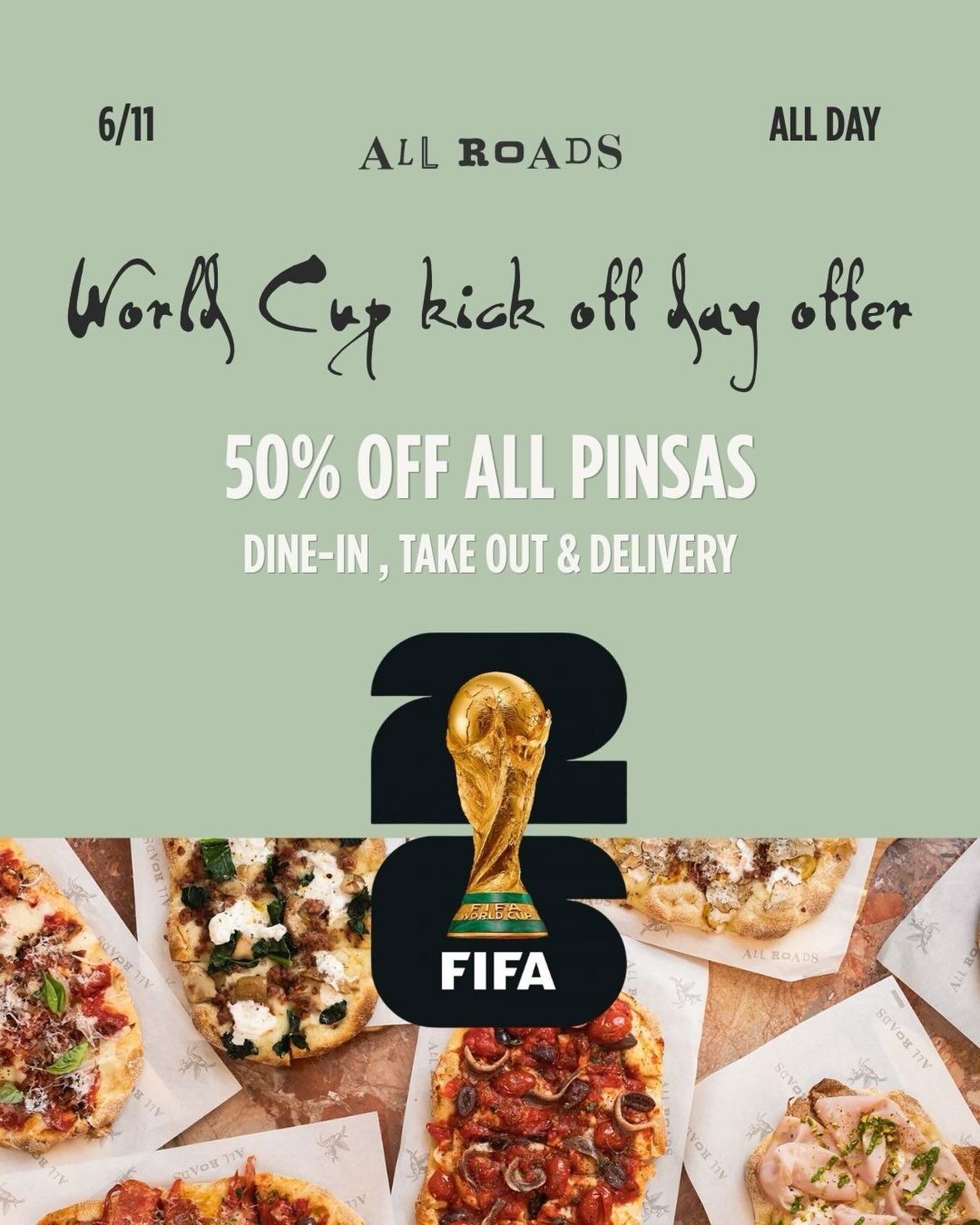 World Cup Kick Off Day calls for a celebration!
We&rsquo;re doing 50% off all pinsas &mdash; all day Thursday only (6/11).
Dine-in, take out, or delivery 🍕⚽️

#worldcup #fifaworldcup