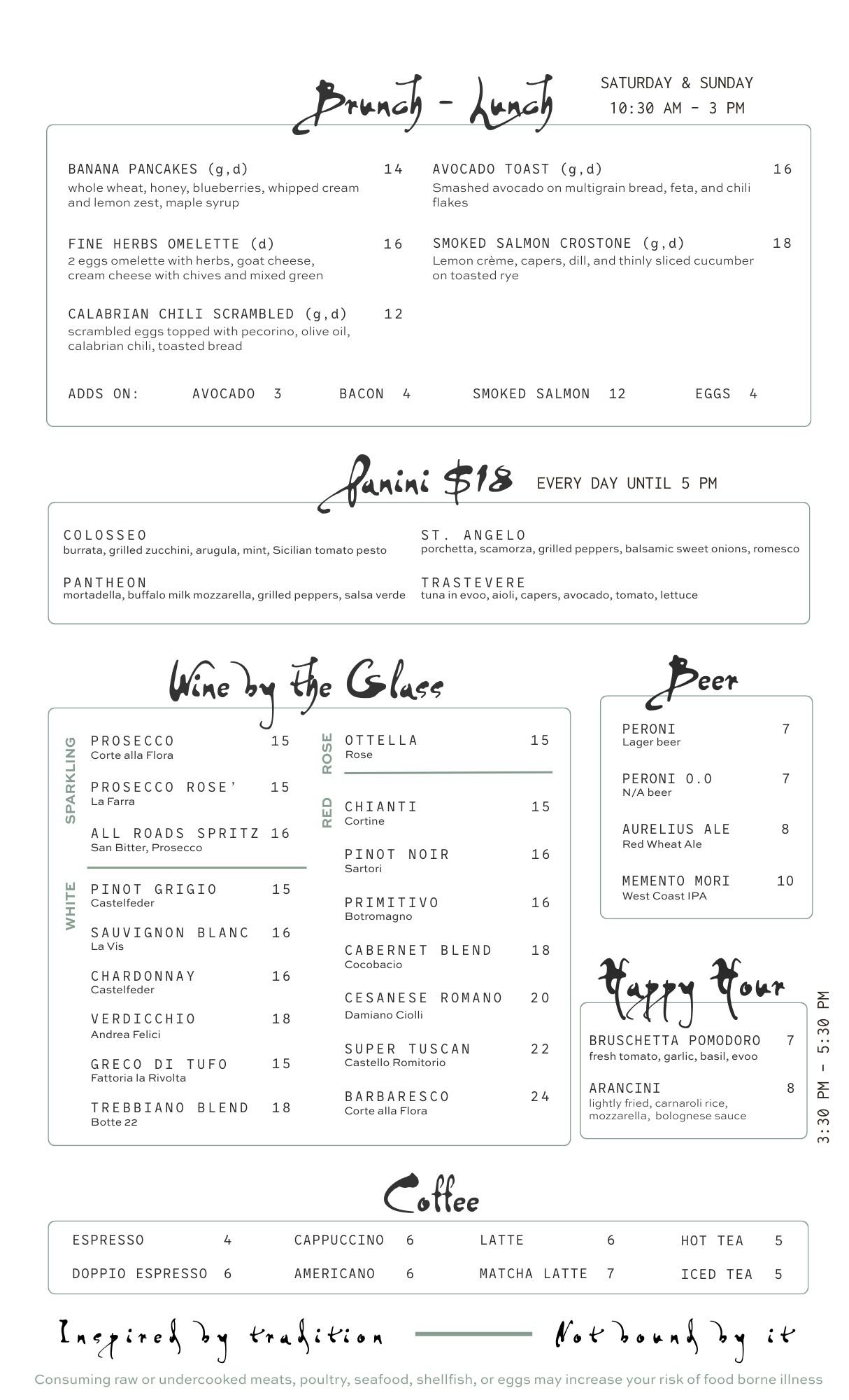 Menu offering brunch and lunch options including dishes such as banana pancakes, avocado toast, and smoked salmon crostone, with additional options like omelette, chili scramble, and various salads. It also features a wine list with selections like prosecco, rosé, and red and white wines, a beer selection including Peroni, Aurelius Ale, and Memento Mori, and a coffee menu with espresso, cappuccino, latte, and tea options. The menu includes prices and is designed with a casual, handwritten style.