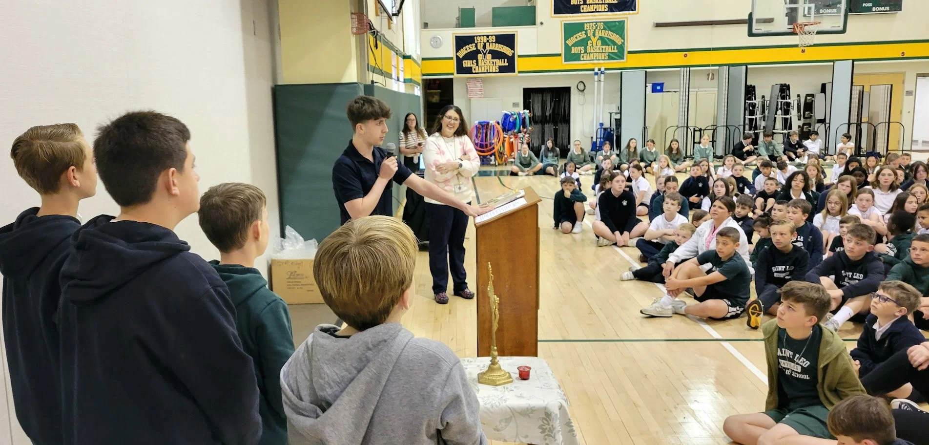 Miles Murdocca, founder of Going the Extra Miles speaks to students at Lancaster County School to announce the winner for Food Fight!
