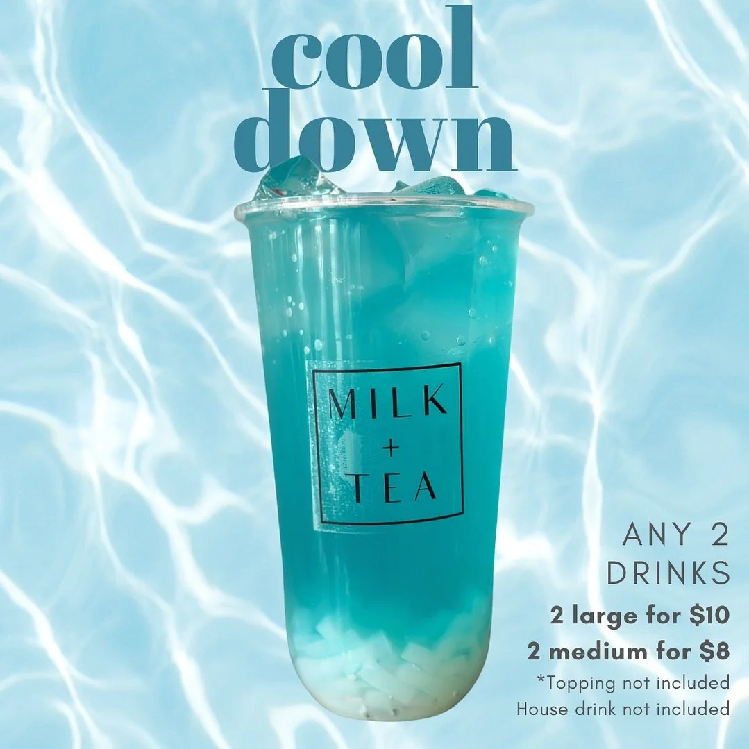 Beat the heat with some refreshing drinks! 
Grab any 2 large for $10 or 2 mediums for $8!

Are you grabbing drinks for yourself or for a friend? 

Toppings not included. Not valid on The House

.
.
.
.
.
#foodie #bulgogi #koreanfood #bbt #bubbletea #