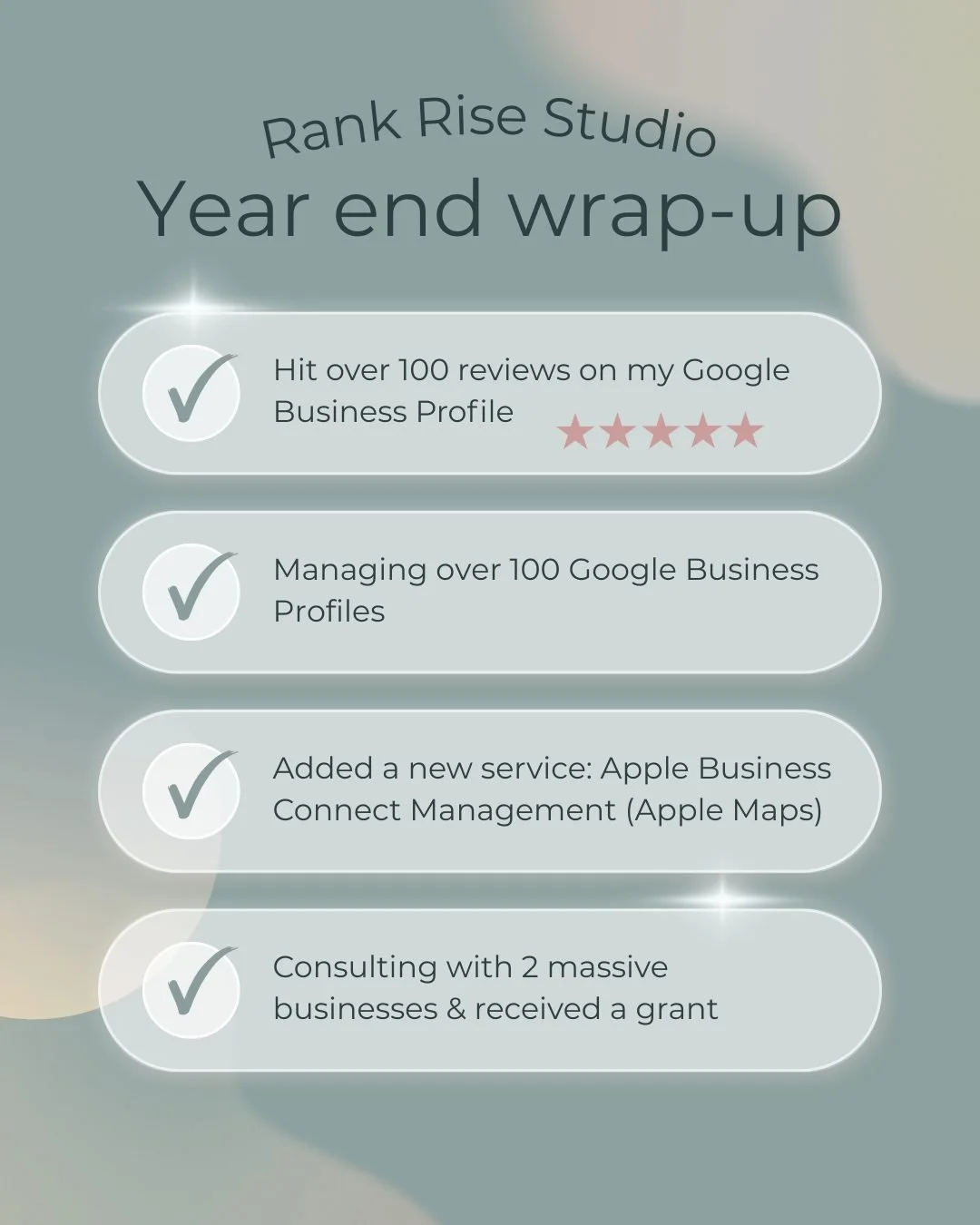 Year end wrap-up 
This year was all about growth, momentum, and helping businesses WIN online! I&rsquo;m so proud of what Rank Rise Studio accomplished. I consulted with two massive companies,  secured a grant to continue to grow Rank Rise Studio, ex