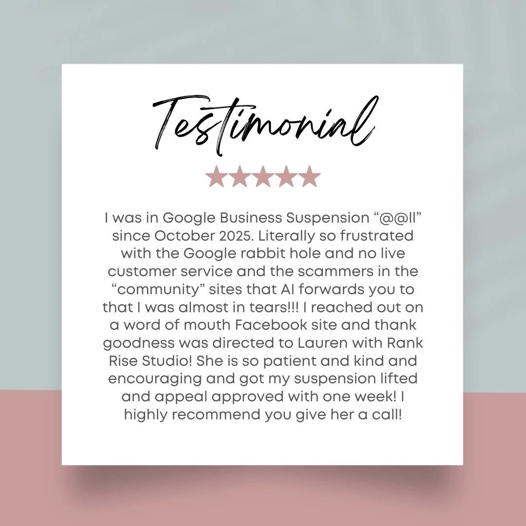 The best testimonial! 
I was in Google Business Suspension &ldquo;@ ll&rdquo; since October 2025. Literally so frustrated with the Google rabbit hole and no live customer service and the scammers in the &ldquo;community&rdquo; sites that AI forwards 