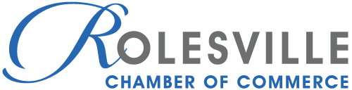 Logo of Rolesville Chamber of Commerce with text in blue and gray